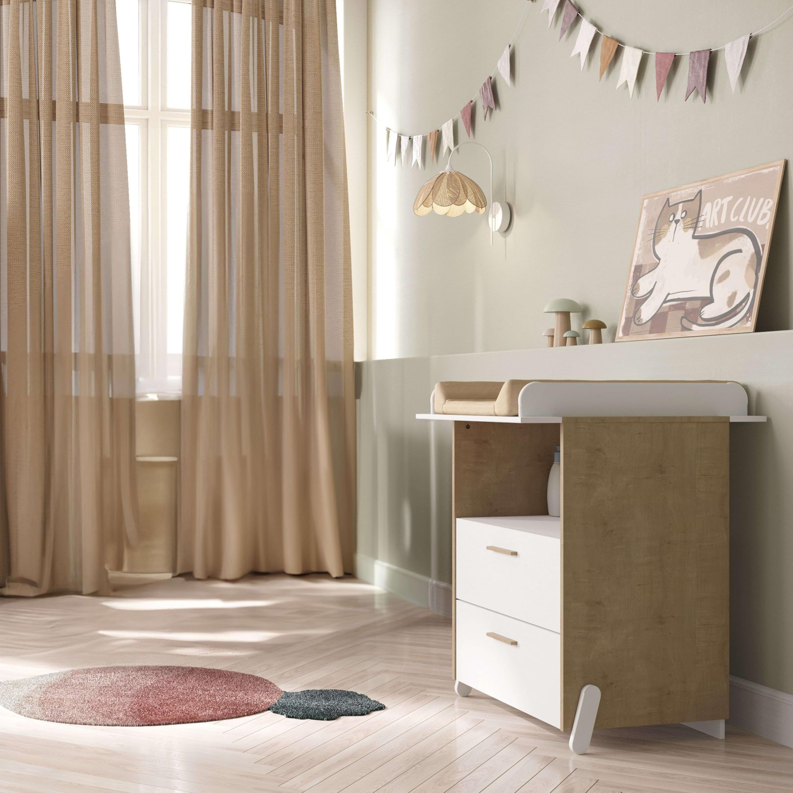 Miroytengo Cómoda Juvenil Infantil Naili 2 Cajones Dormitorio Roble Hamilton y Blanco Mate 73X74 cm
