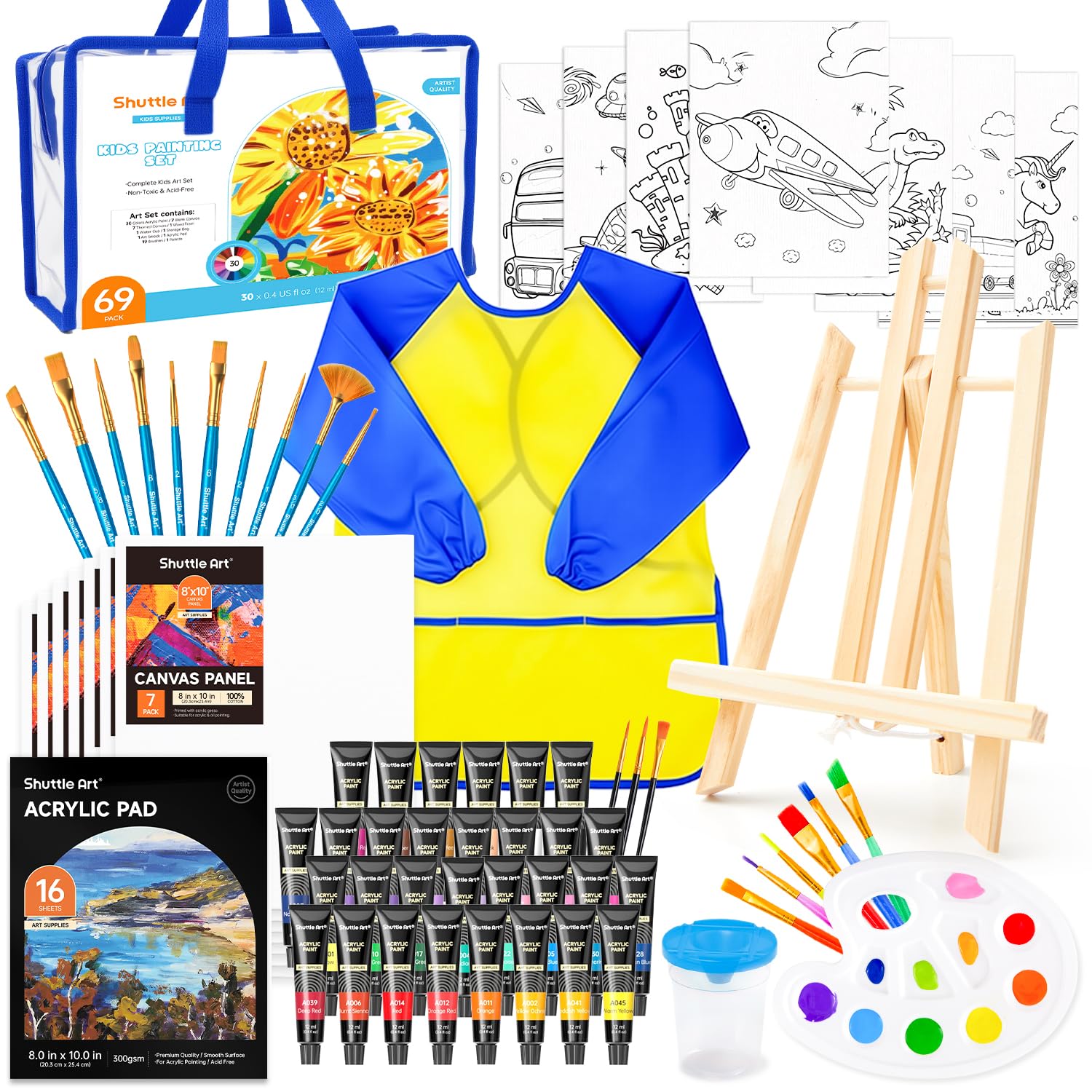– Shuttle Art 69 Pack Kids Paint Set, Art Set for Kids with 30 Colours Acrylic Paint, Wood Easel, Canvases, Painting Pad, Brushes, Palette, Smock & Storage Gag, Complete Paint Supply.