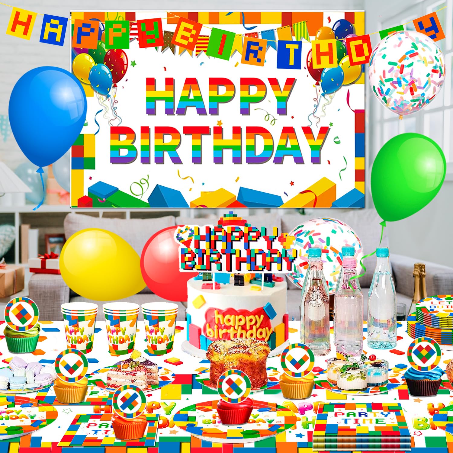 Blocchi di Costruzione Forniture per Feste, Building Block Decorazione Set - Banner di Compleanno Building Block Sfondo Tovaglia Piatti Tazze etc Forniture per Feste Building Blocks