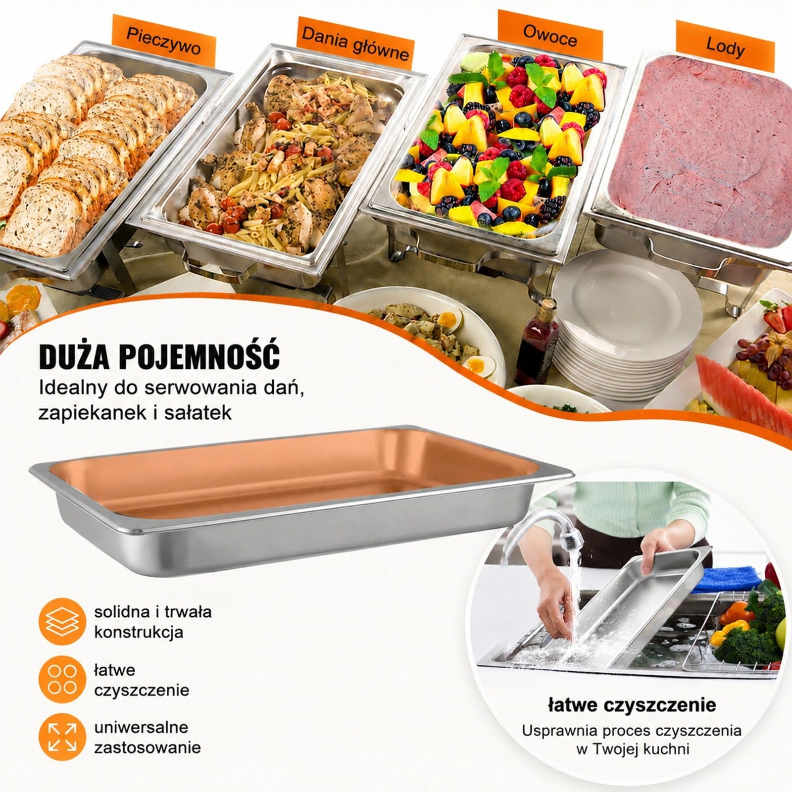 6 sztuk pojemników gastronorm ze stali nierdzewnej z pokrywkami, do bufetu, cateringu i kuchni