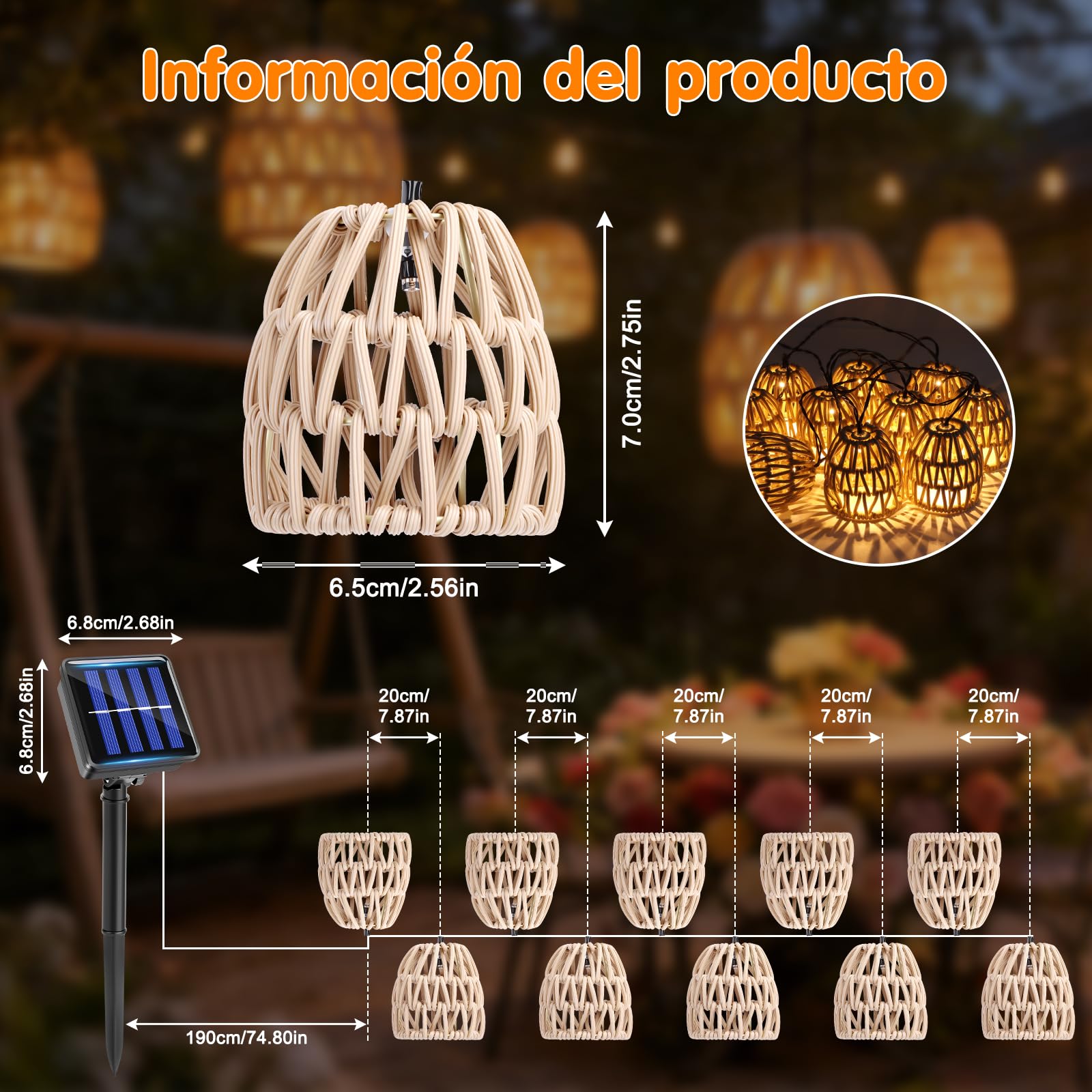 10 Luci a Led a Energia Solare 3,6 M, Catena Luminosa Solare e Catene Luminose da Esterno Solari, Luci in Rattan Effetto Pe IP44 Impermeabili, 600mah per Balcone, Giardino E Terrazza