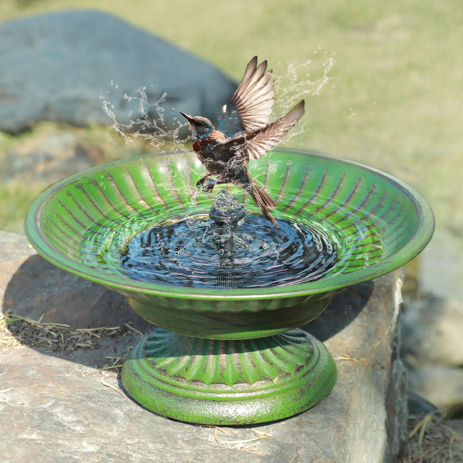 12.3" Solar Bird Bath Bowl,Cast Iron Pedestal Bird Bath with Solar Fountain