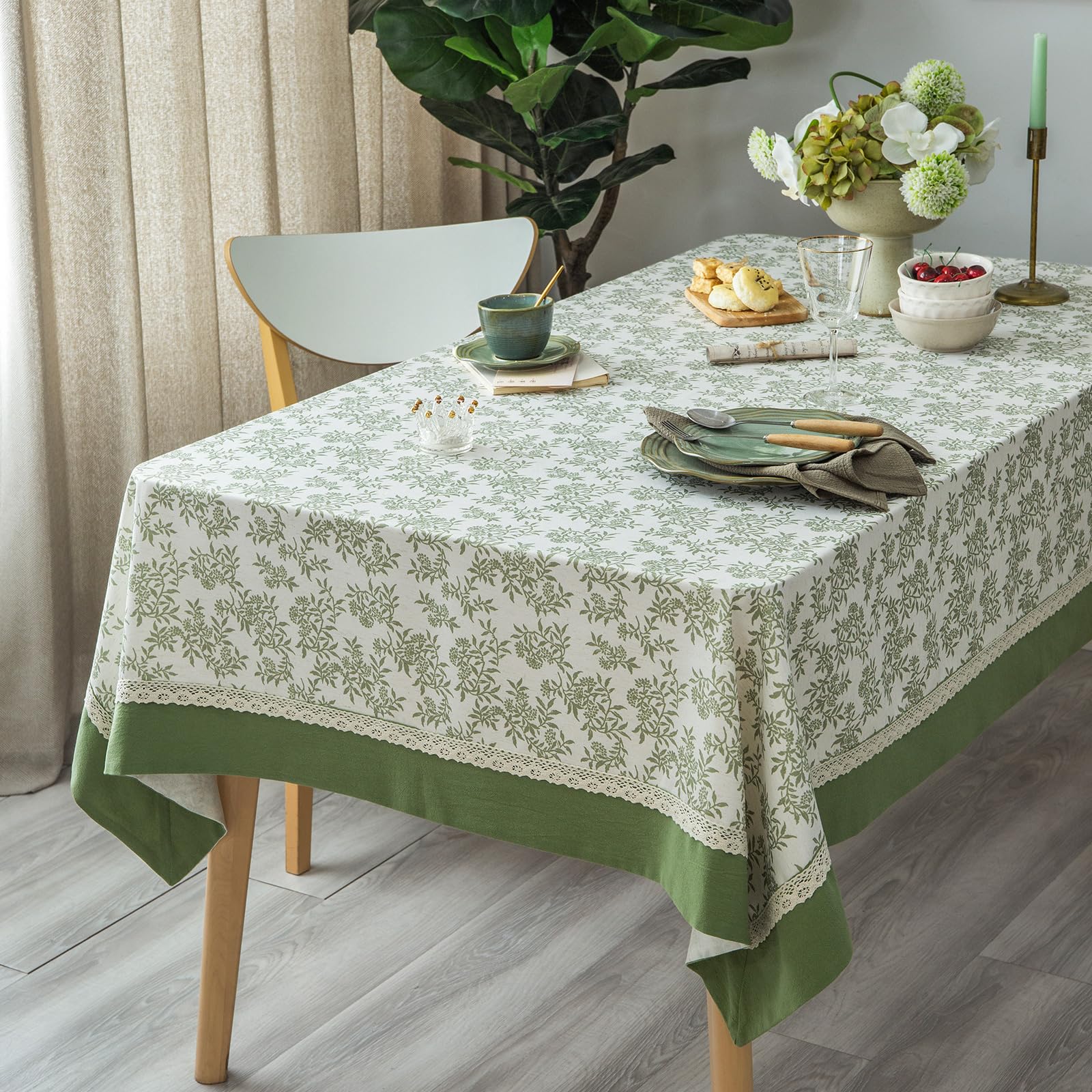 GLORY SEASON Rustic Tablecloth Solid Cotton Fabric Bordered Retro Tablecloths Classic Plant Leaf Printed Linen Fabric Table Cover Farmhouse Decoration 55x84 Inches Rectangle/Oblong Green for Kitchen