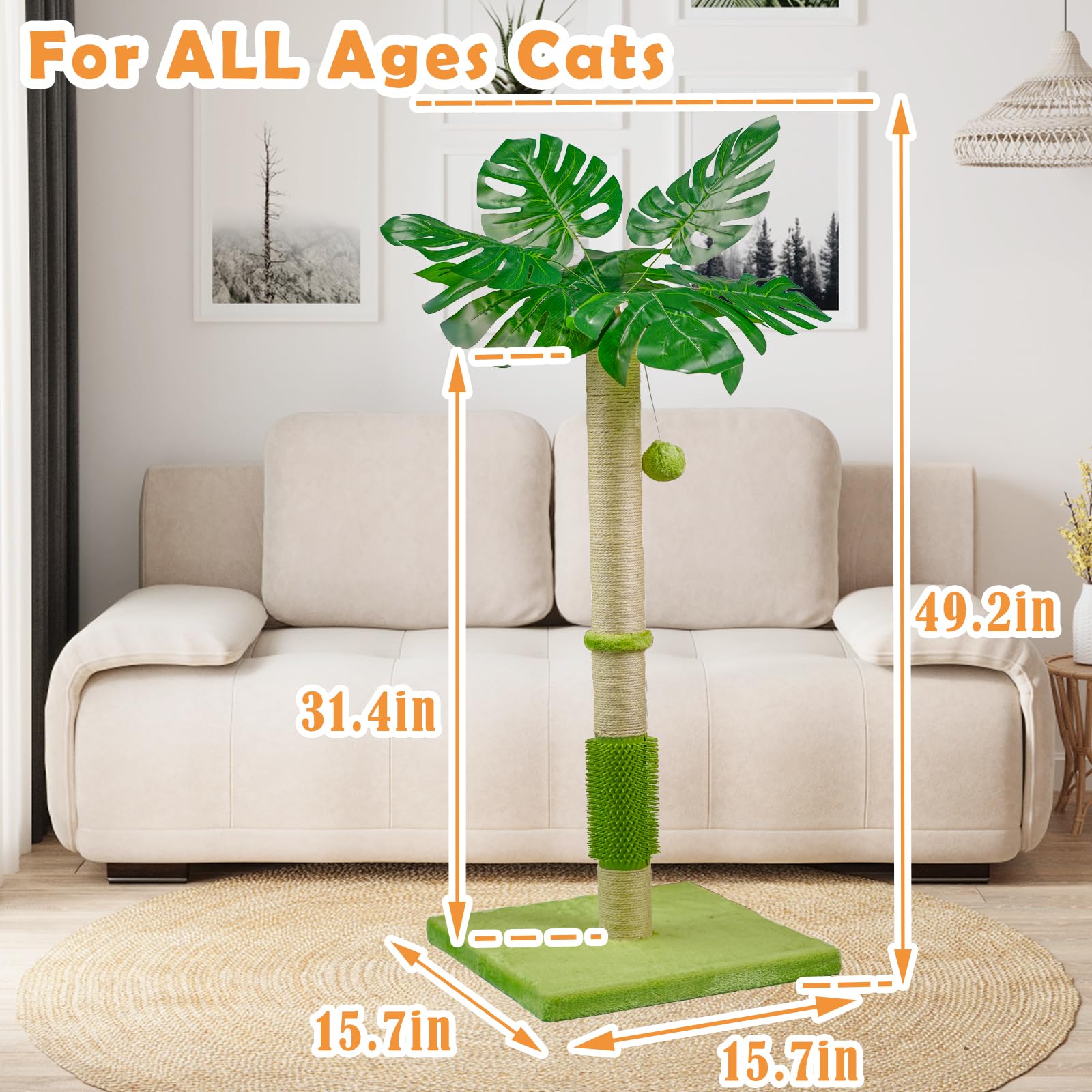 MeowHomm Kratzbaum, Katzenspielzeug Monstera Deliciosa für Indoor-Katzen mit natürlichem Sisal-Kratzstab, hängenden Sisalseilen und Bällen, niedlicher 101,6 cm hoher Katzenkratzer für große Katzen und