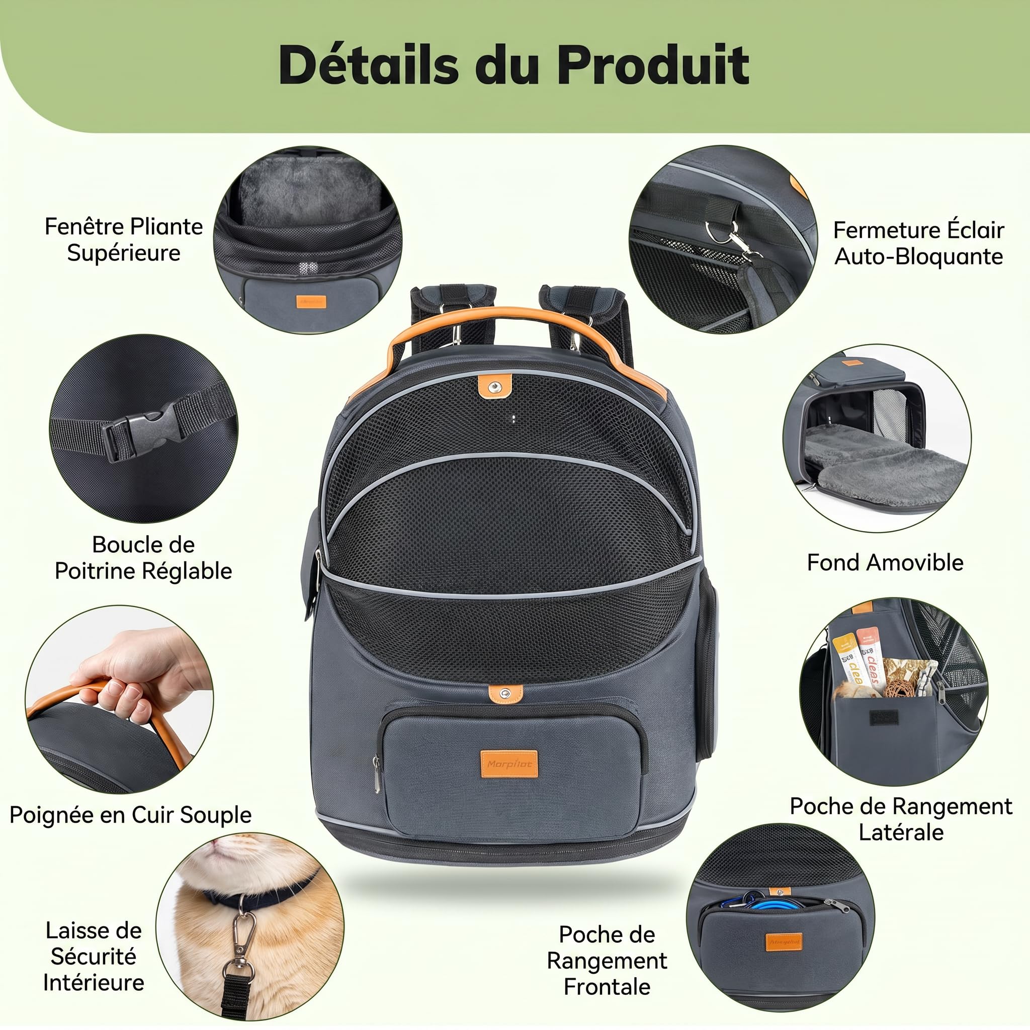 Morpilot Sac Transport 102% Extensible pour Chien avec Peluche Amovible Et Laisse De Sécurité Intérieure Sac à Dos Pliable pour Chat pour Train/Voiture/Voyage
