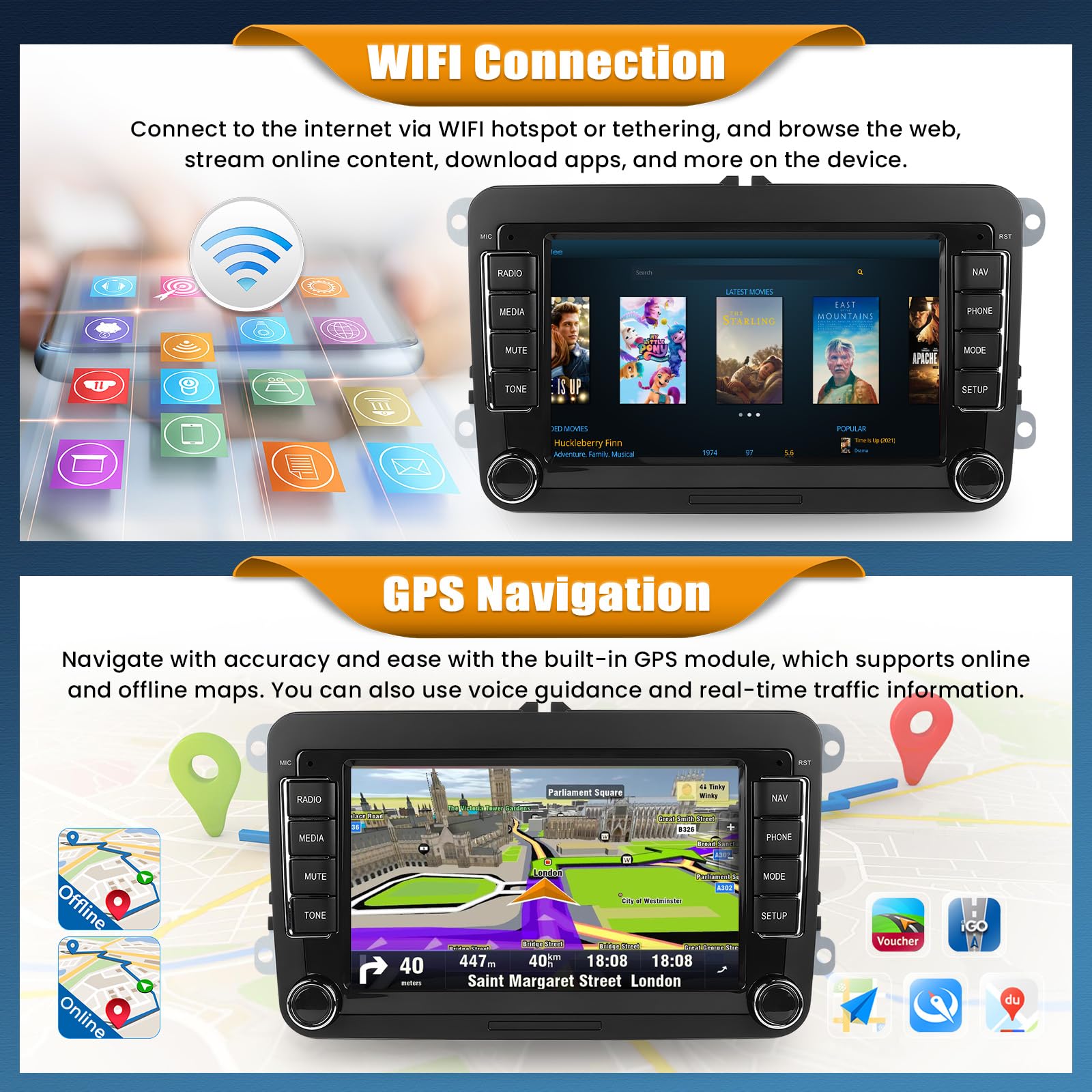 Android 15, 6G+128G 8Core GOHHDL Autoradio 2Din Navi für VW Golf 5 6 Polo Touran, 7 Zoll Auto Bildschirm Touch Radio mit GPS Navi WiFi Bluetooth FM/RDS Radio EQ SWC Rückfahrkamera&MIC