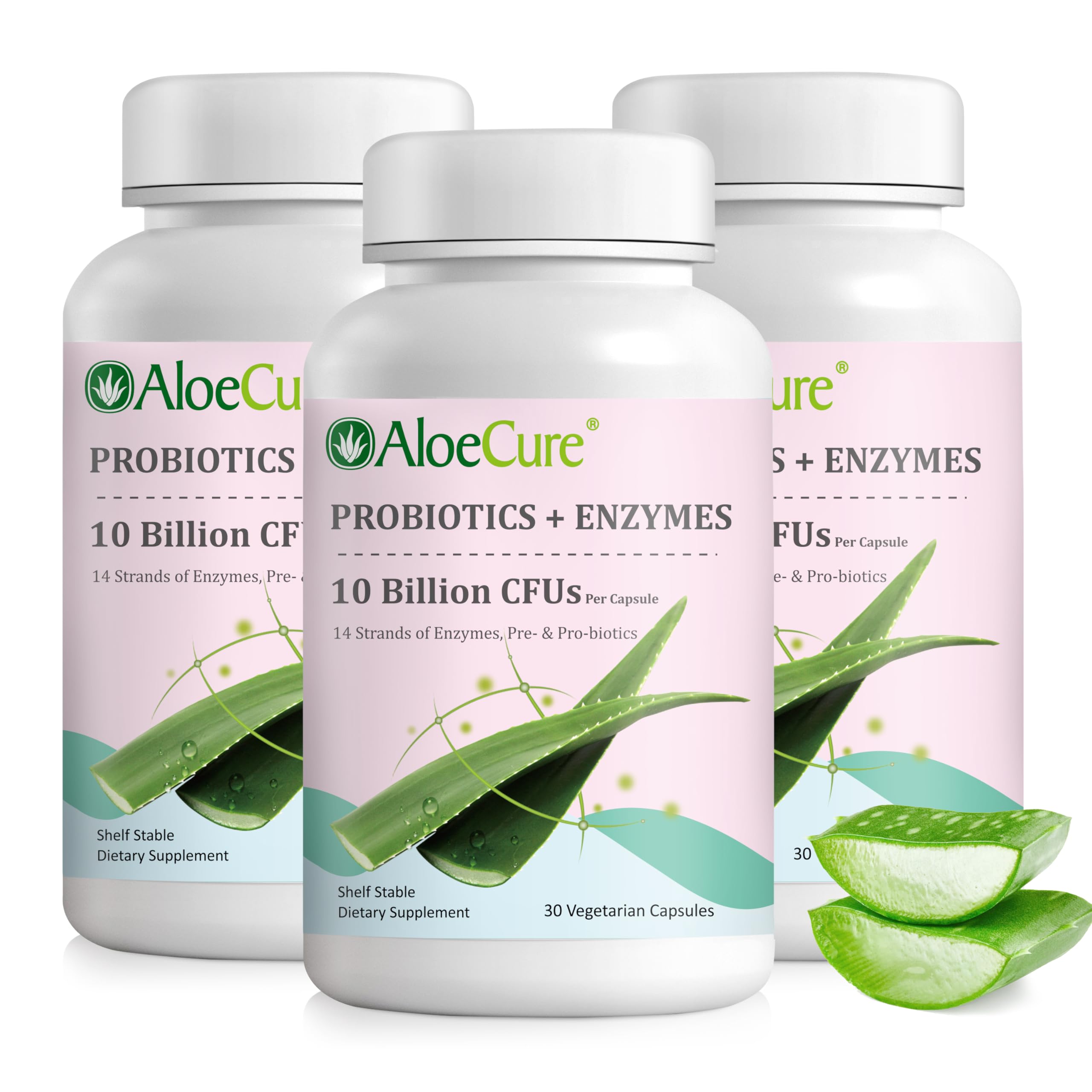 AloeCure Daily Probiotics 10 Billion CFU for Digestive Support 8 Strains, 6 Prebiotics & Enzymes - Digestive Supplement with Bromelain for Women & Men - Gut Support, Digestive Relief, 30 Caps x 3btls
