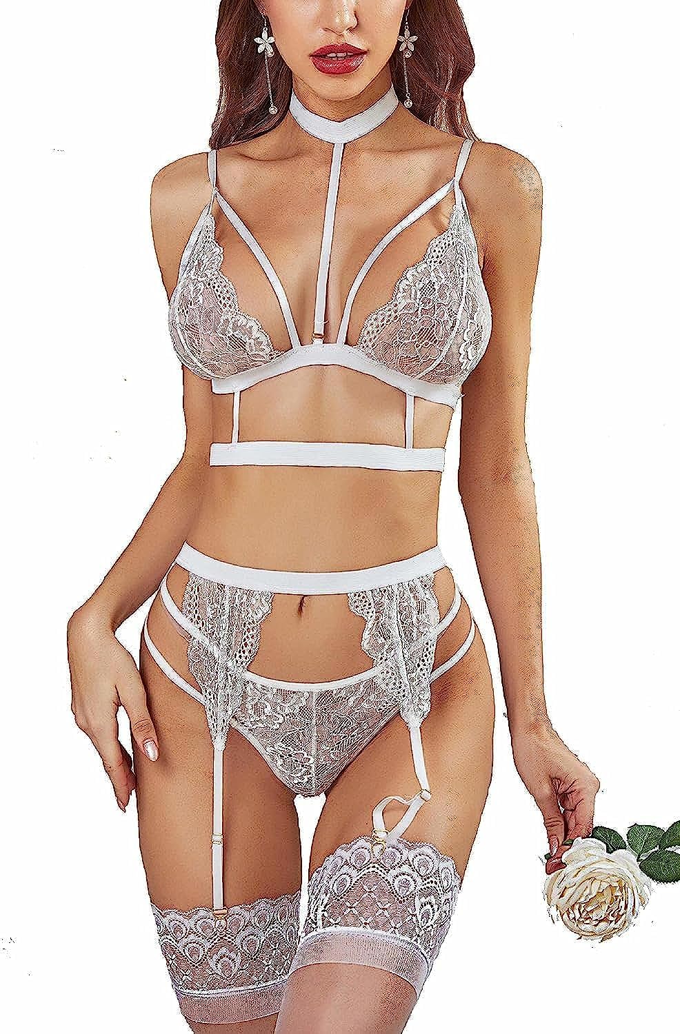 GenericXCOT Women's Net Solid Above Knee Babydoll Lingerie for Honeymoon Special Night Occasion with Bra Panty, G-Thong and Garter Belt White