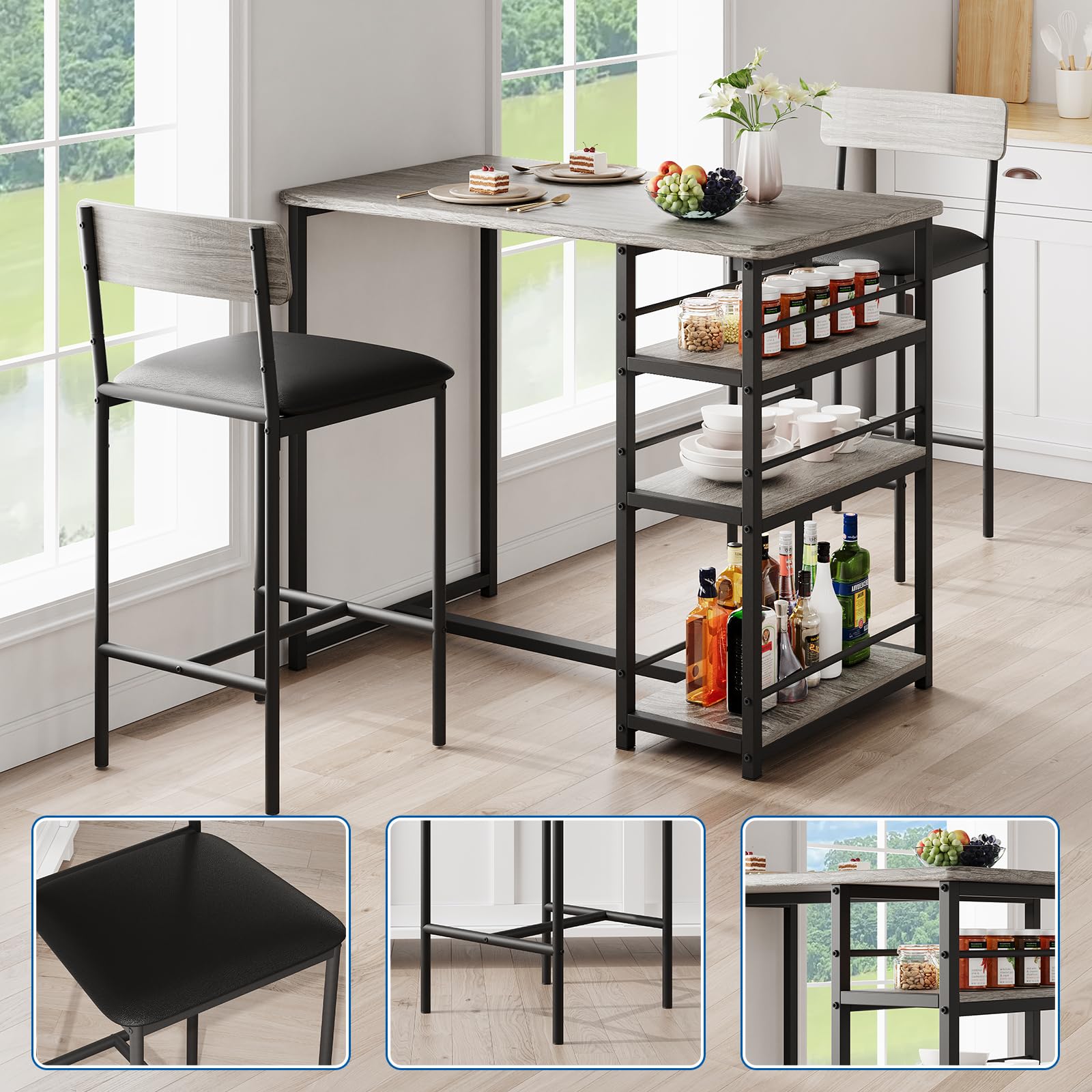 Set Tavolo Bar Alto Con 2 Sgabelli Imbottiti, Set 3 Pezzi Per Spazi Piccoli, Appartamento, Design Grigio