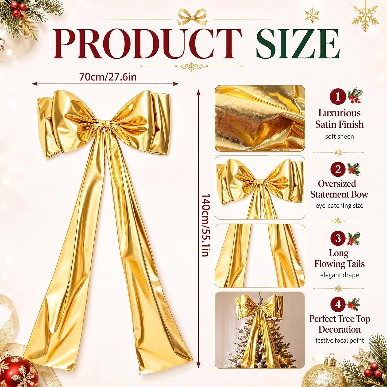 Norme 28 x 55 Inch Extra Large Gold Metallic Christmas Tree Topper Bow