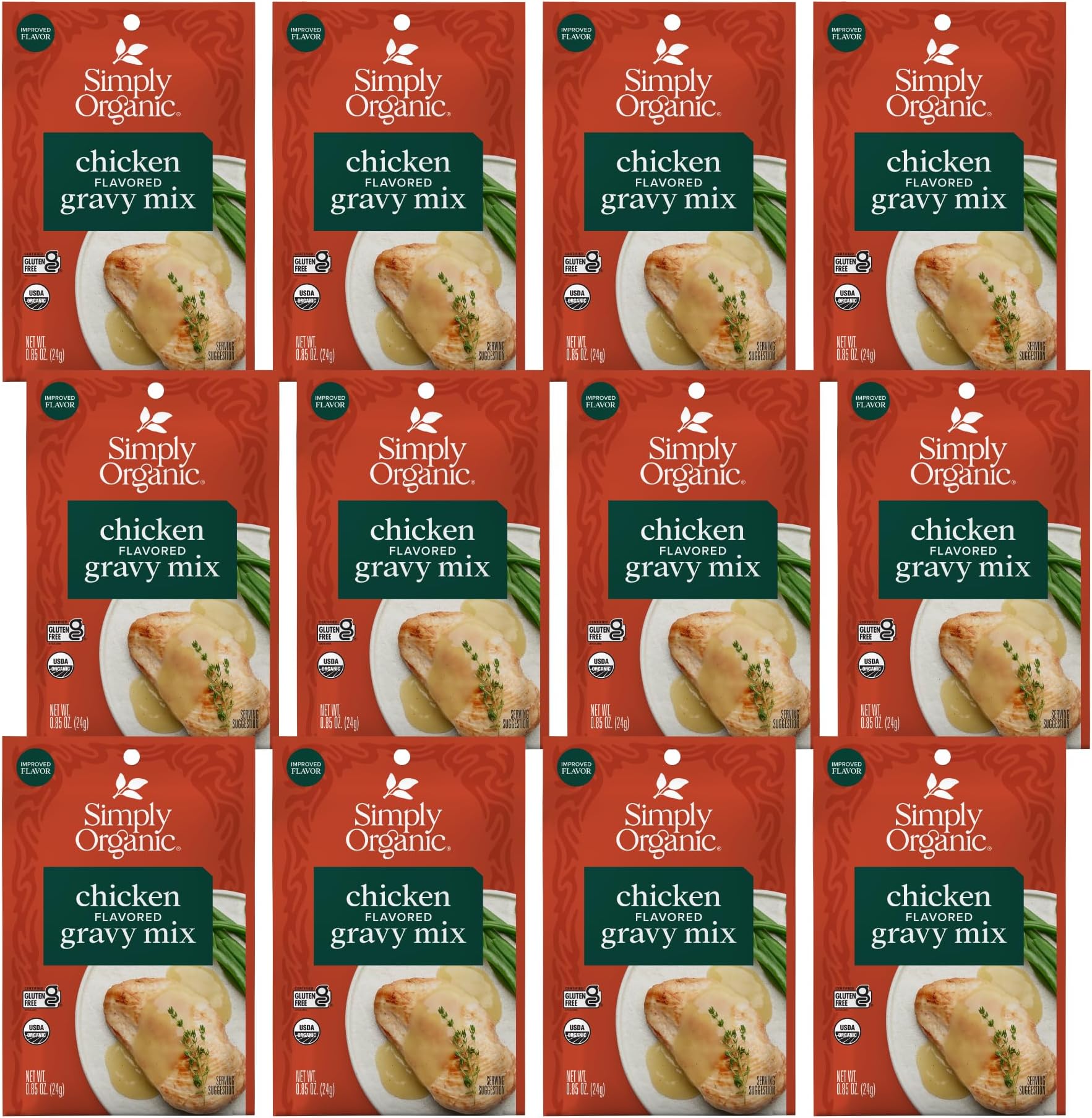 Simply Organic Chicken Flavored Gravy Mix, 0.85 Ounce 12-Pack, Certified Organic, Gluten-Free, Kosher, Rich Chicken Gravy