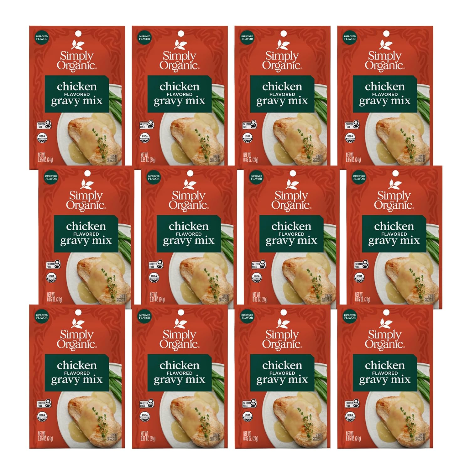 Simply Organic Chicken Flavored Gravy Mix, 0.85 Ounce 12-Pack, Certified Organic, Gluten-Free, Kosher, Rich Chicken Gravy