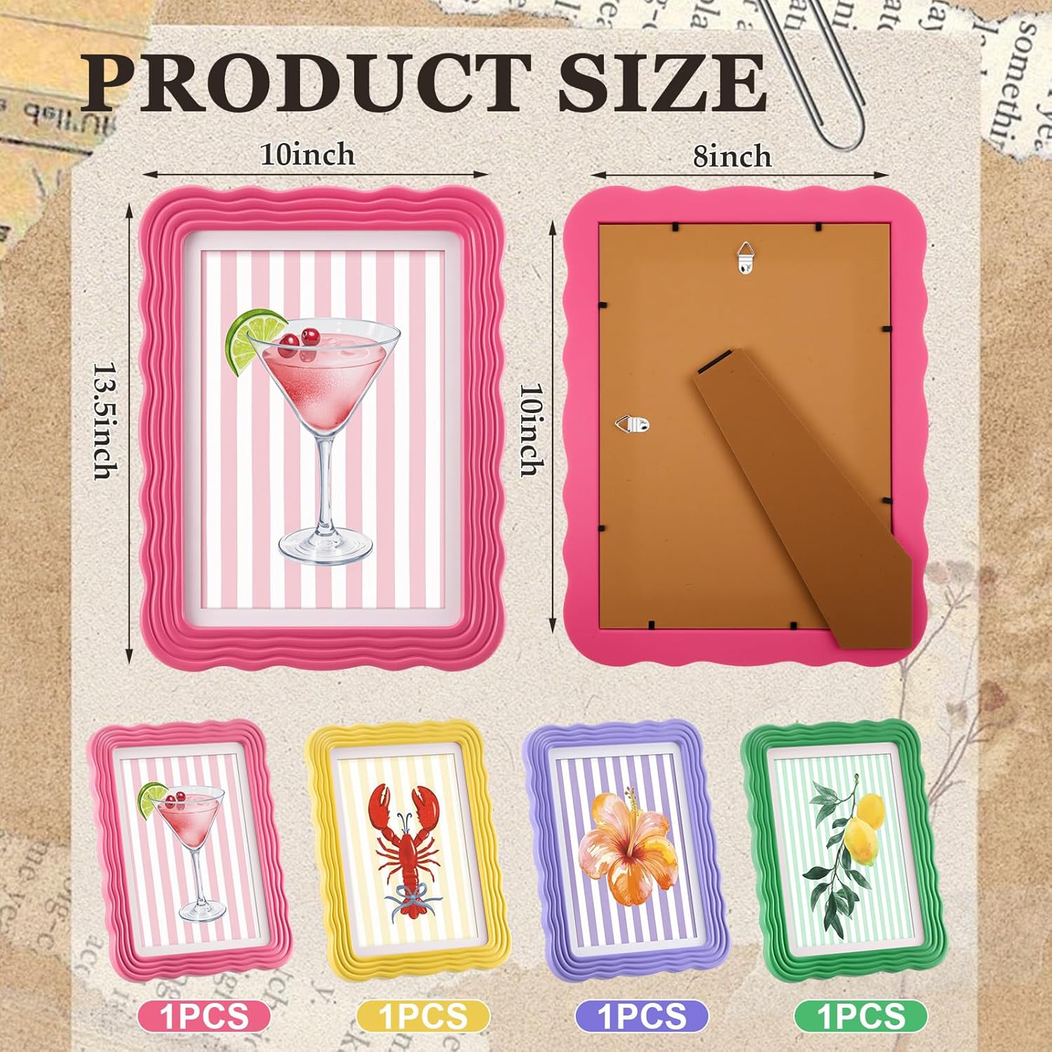 Novabright 4 Set 8 x 10 Colorful Scalloped Picture Frame Maximalist Decorative Picture Frames with Glass Front Wavy Trim Art Table Wall Hanging Whimsical Home Decor Gift (Spring Color)