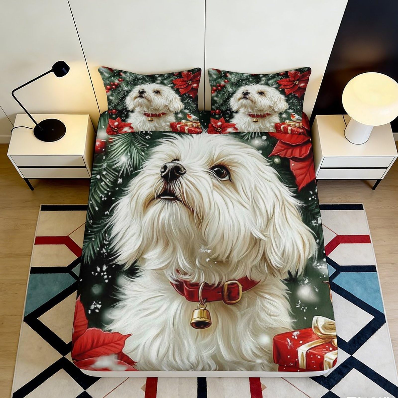 Tjiqhvmrn Style-9 3D Printed Christmas Dog Fitted Sheet Microfiber Deep Pocket Non-Slip Bedroom Bedding Christmas Dog Mattress Fitted Cover For Adults Youth 90X200x25cm