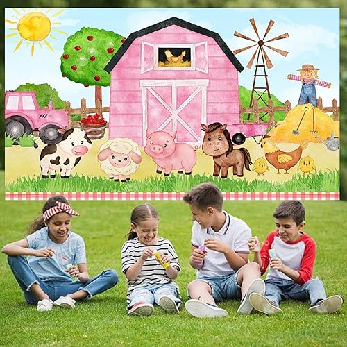 Miniatura 6 de GKLEASG Pancarta de dibujos animados rosa para decoración de granja, 7 x 5 pies, baby shower, animales a cuadros, granero para niños, fiesta de