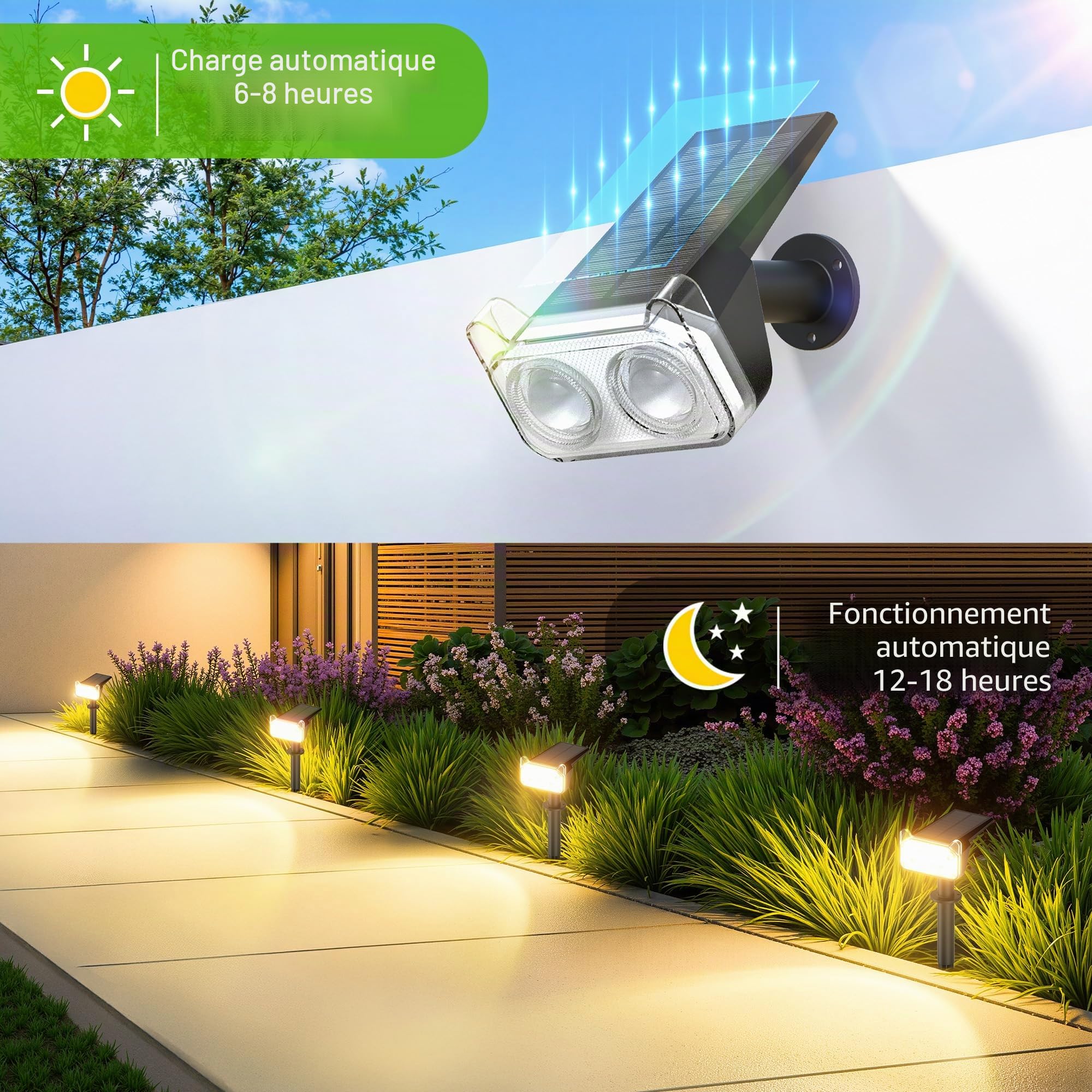 GEARLITE Spot Solaire Exterieur Puissant, Lot de 4 Lampes Solaires Exterieures Jardin 3000K Lumière Blanc Chaud, 2 Modes d'Éclairage, IP65 Étanche Eclairage Exterieur Solaire pour Chemin Allée