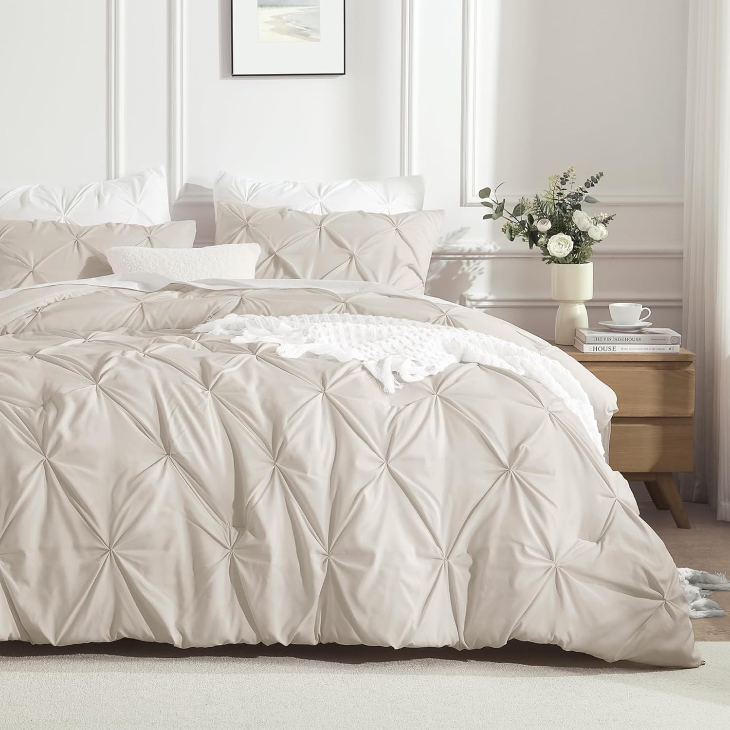 Andency Beige Comforter King (104x90Inch), 3 Pieces Pinch Pleat Lightweight Soft Comforter Set, All Season Pintuck Microfiber Bedding Set