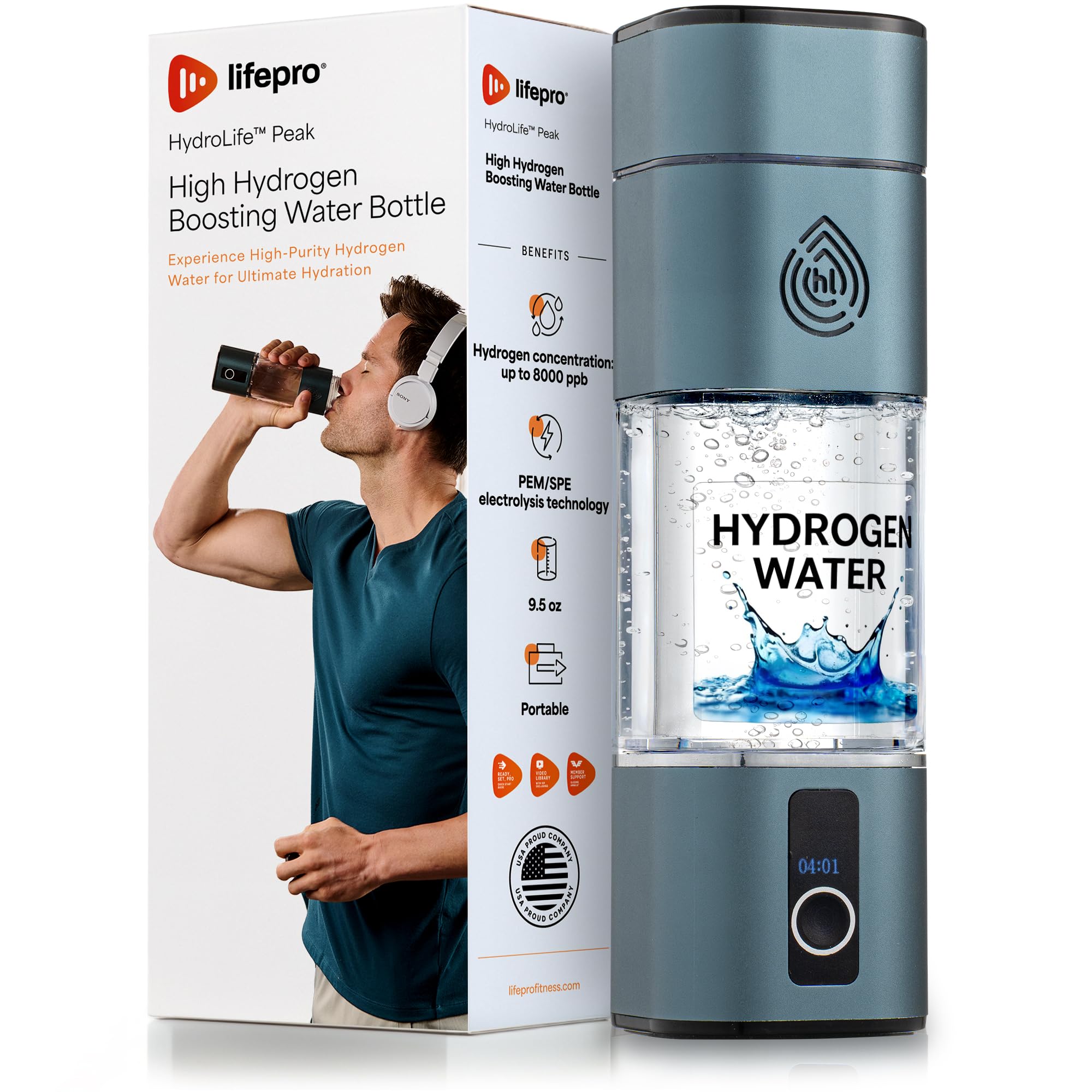 Lifepro Hydrogen Water Bottle Generator with SPE/PEM Technology – HydroLife Peak Portable Hydrogen-Boosting Water Machine Upto 8000ppb with OLED