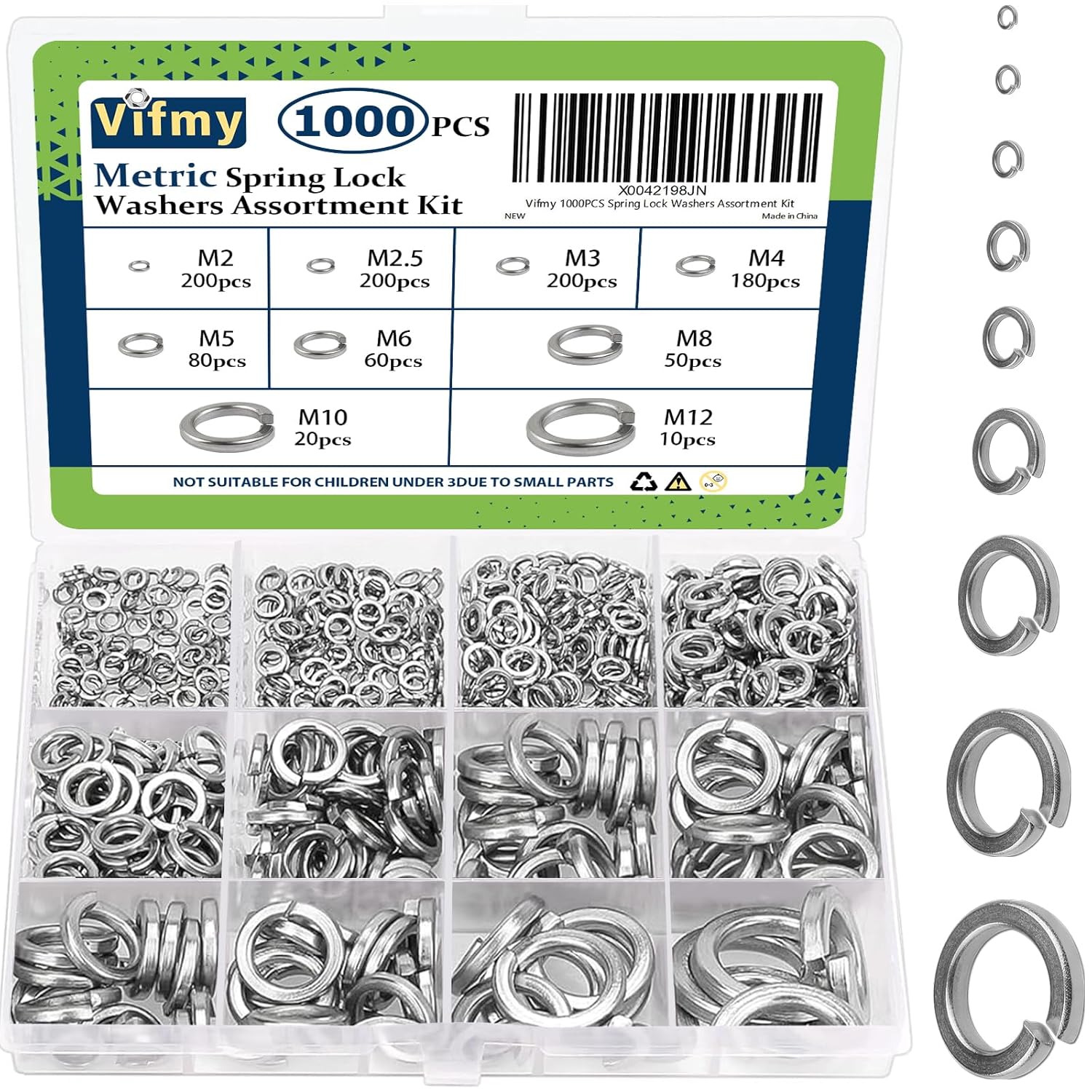 1000 PCS Metric Spring Lock Washers Assortment Kit and 510 PCS SAE & Metric Hex Nut Assortment Kit,304 Stainless Steel Hardware Nuts