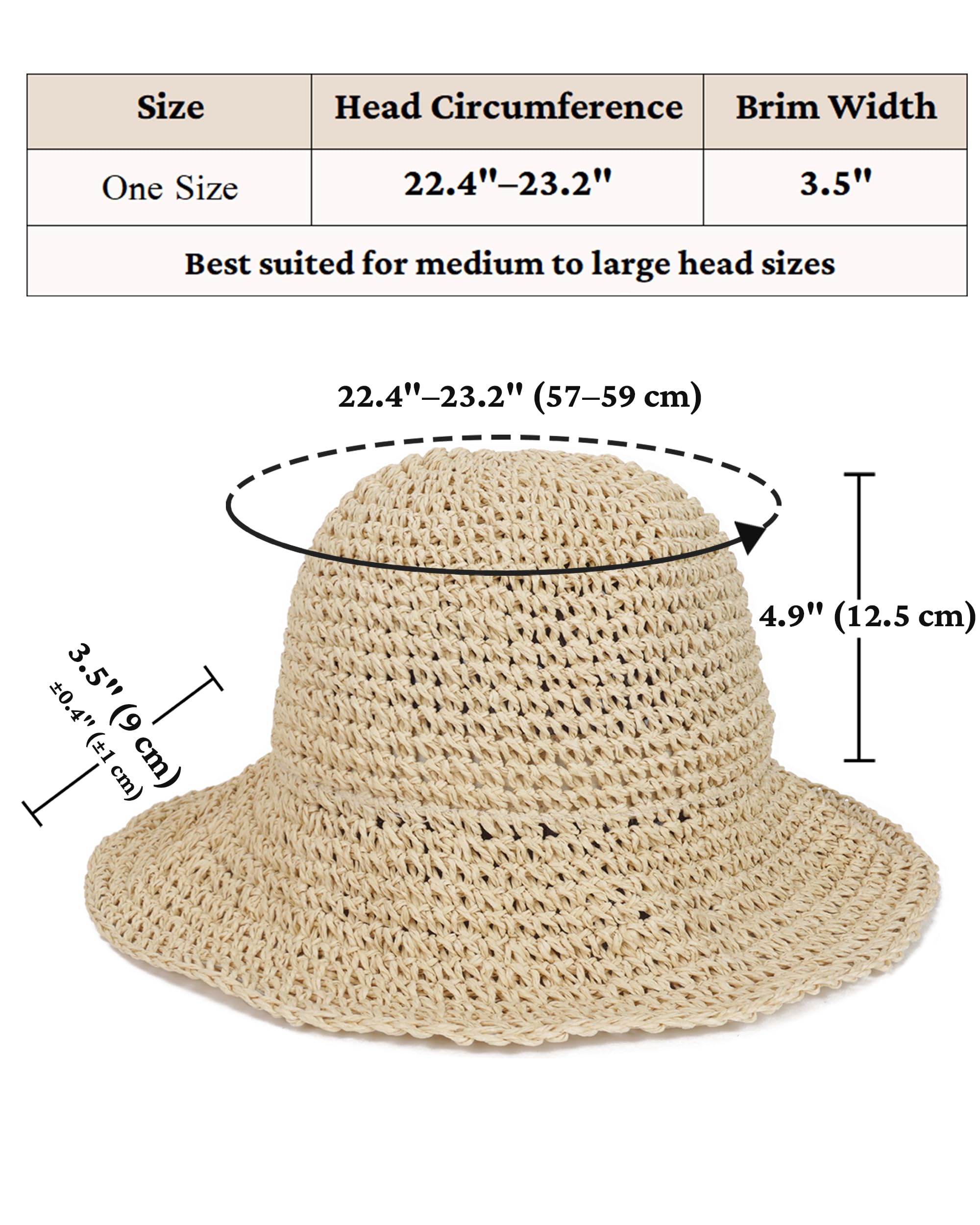 Strohhut für Damen, faltbar, verstaubar, breite Krempe, Sommer-Strandhut, gehäkelt, Fischerhut