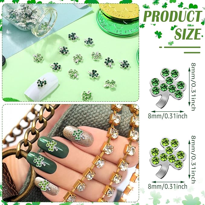 🍀 St. Patrick's Day Nail Charms: 36pcs Shamrock Rhinestones & Decals