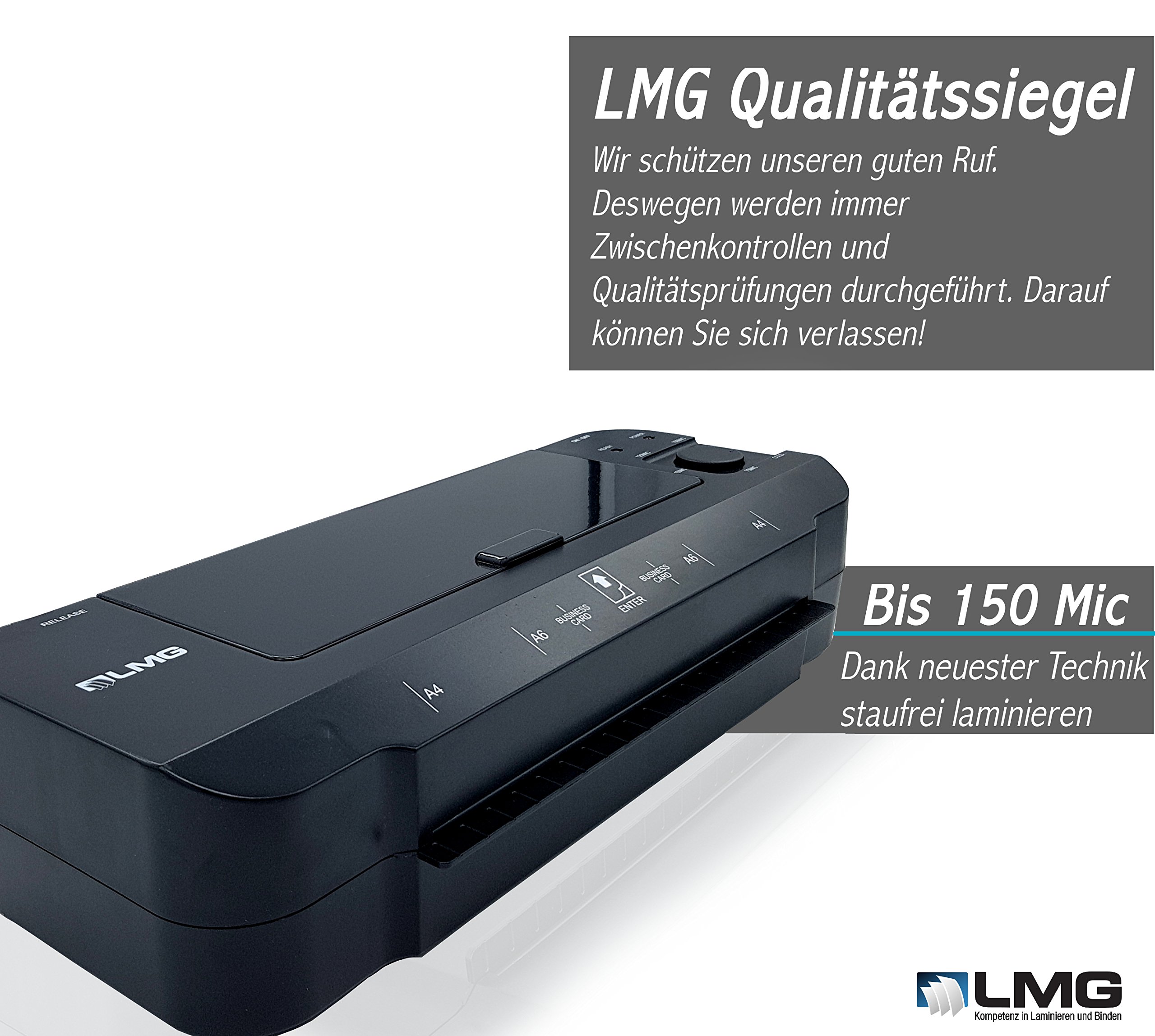 LMG | Plastificatrice Premium per documenti fino a A4 – Laminatore veloce con tempo di riscaldamento estremamente breve di 1-2 minuti, veloce e moderno fino a 2 x 150 MIC, anche laminazione a freddo
