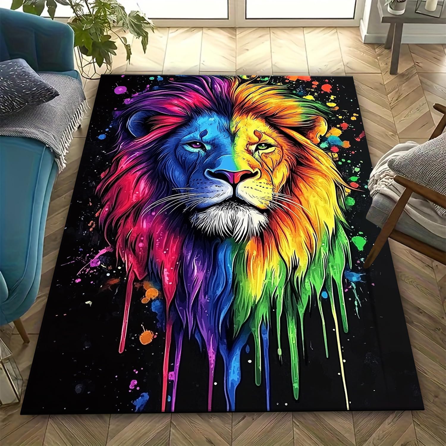 Tapis lion 3D 140x200 cm antidérapant à poils courts pour salon