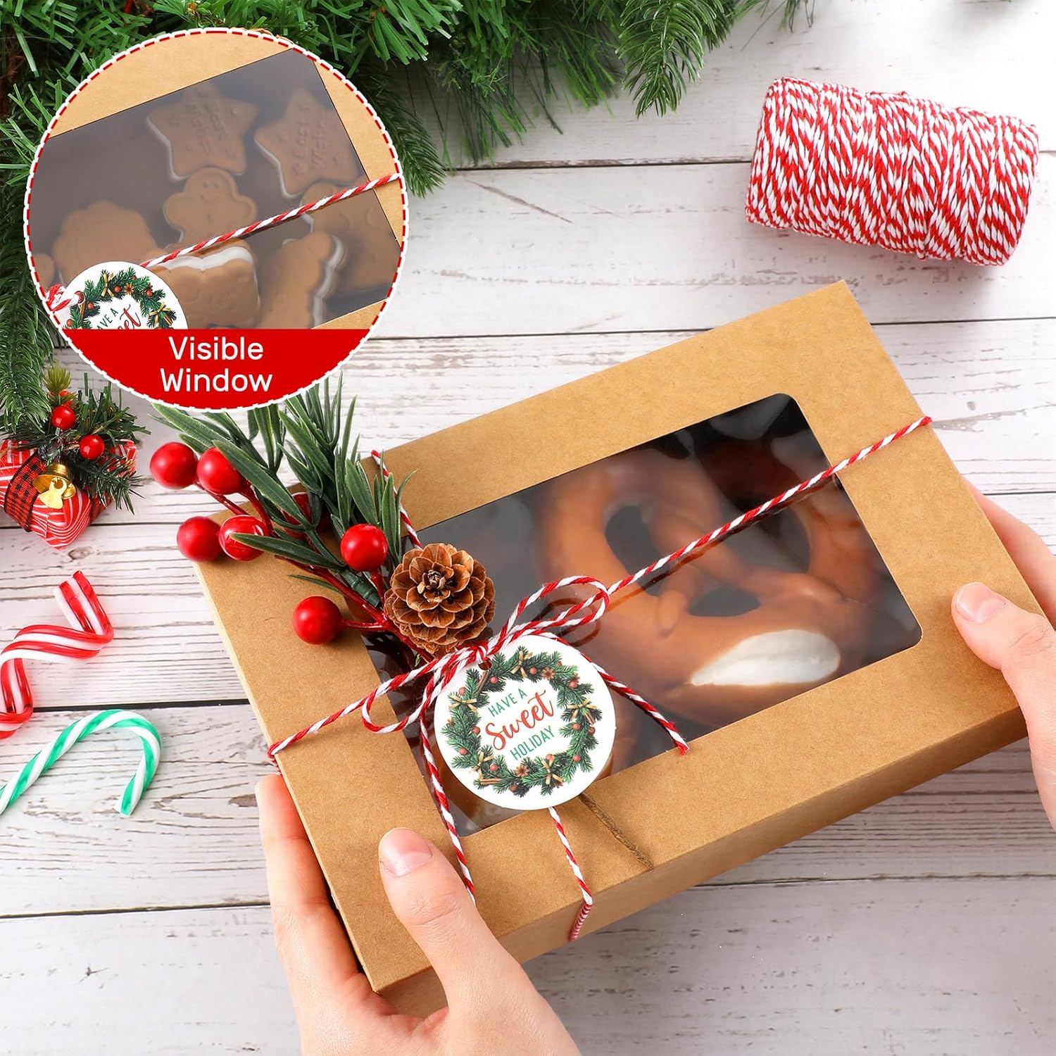 Shihanee 37 Pcs Christmas Cookie Boxes with Window Kraft Pastry Box with Artificial Pine Picks Gift Tags and Cotton Twine DIY Decorative Containers for Pastries, Cookies Gift-Giving Supplies(Rustic)