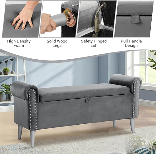 Miniatura 3 de Banco de almacenamiento de 47 pulgadas de largo para dormitorio banco otomano de almacenamiento de terciopelo tapizado copetudo con brazo enrollado
