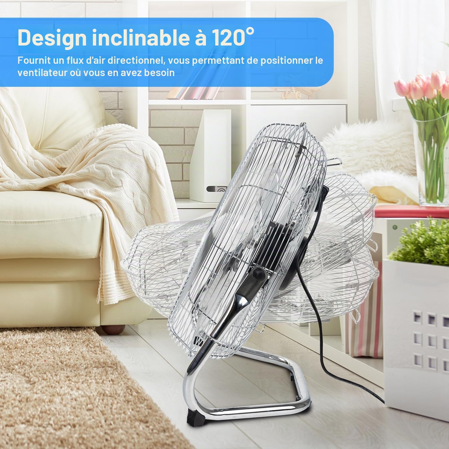 Dawoo Ventilateur de Sol - 45cm Brasseur d'air de à 3 Vitesses Avec Fonction d'inclinaison 95W Ventilateur Puissant (Chromé)