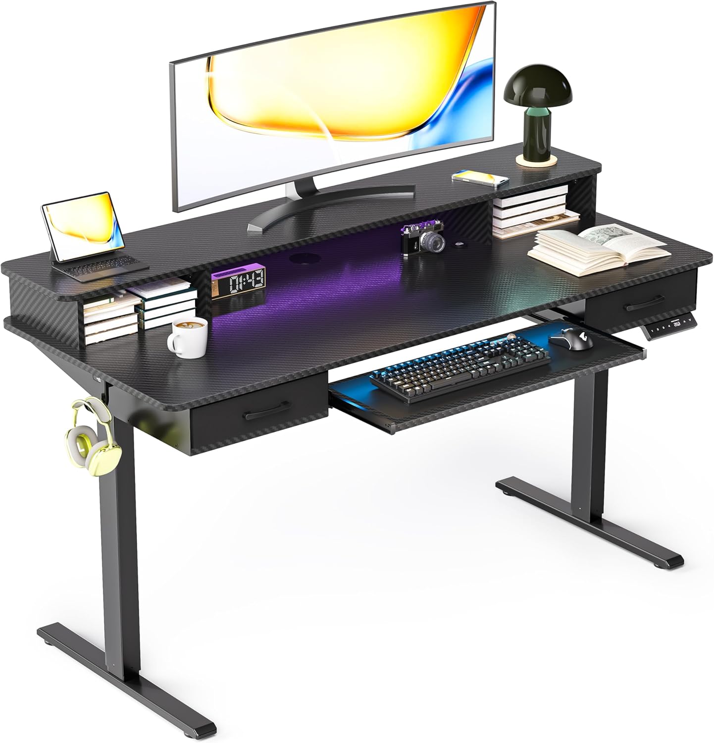 Electric Standing Desk with Keyboard Tray, 55x24 Inches Height Adjustable Stand up Desk with 2 Drawers, Ergonomic Sit to Stand Table with Storage Monitor Stand, Black