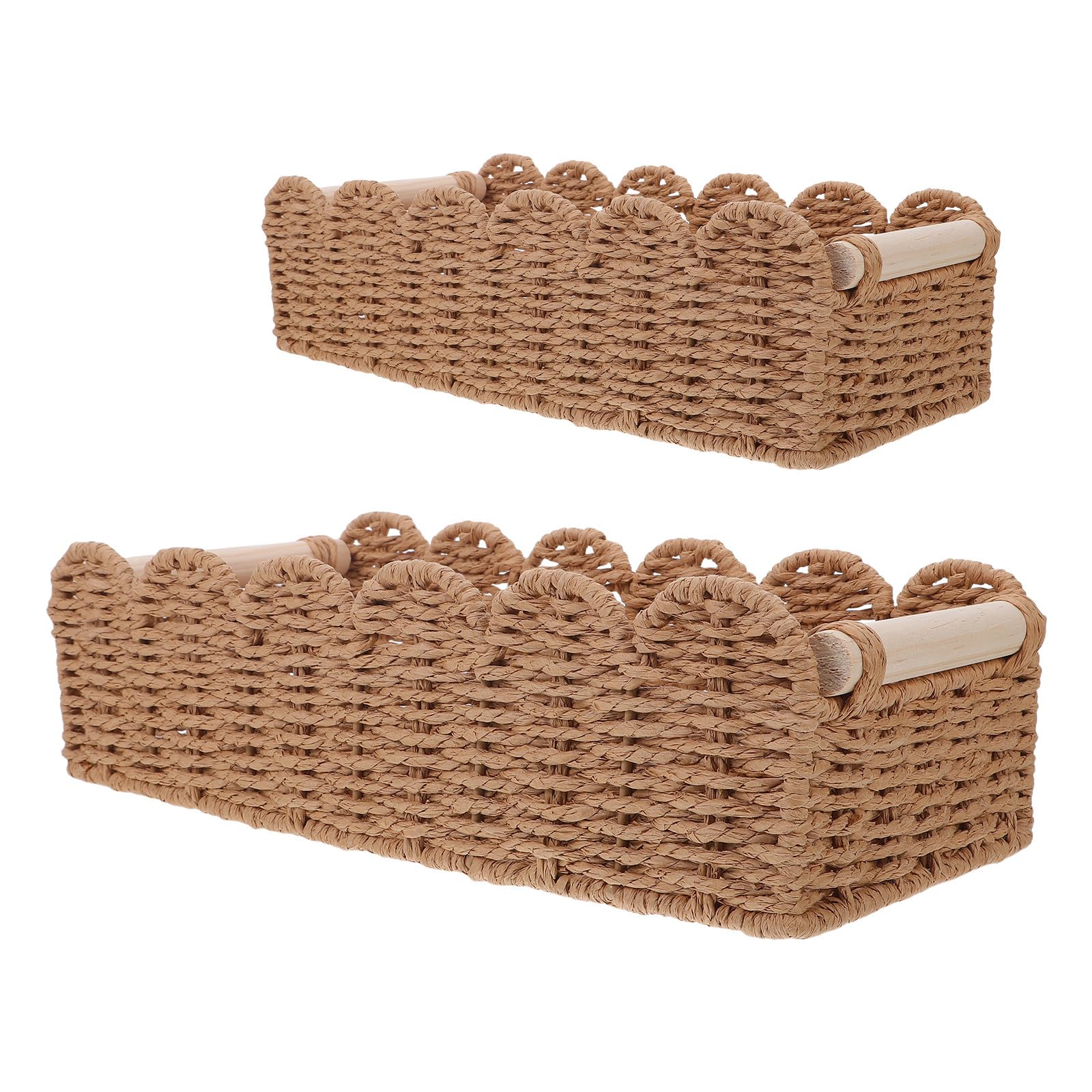 Toyvian Cesta Decorativa Tejida de Cuerda de Papel con Borde Festoneado y Asas de Madera, Organizador Portátil para Papel Higiénico y Objetos Pequeños en Baño o Dormitorio, Pack de 2