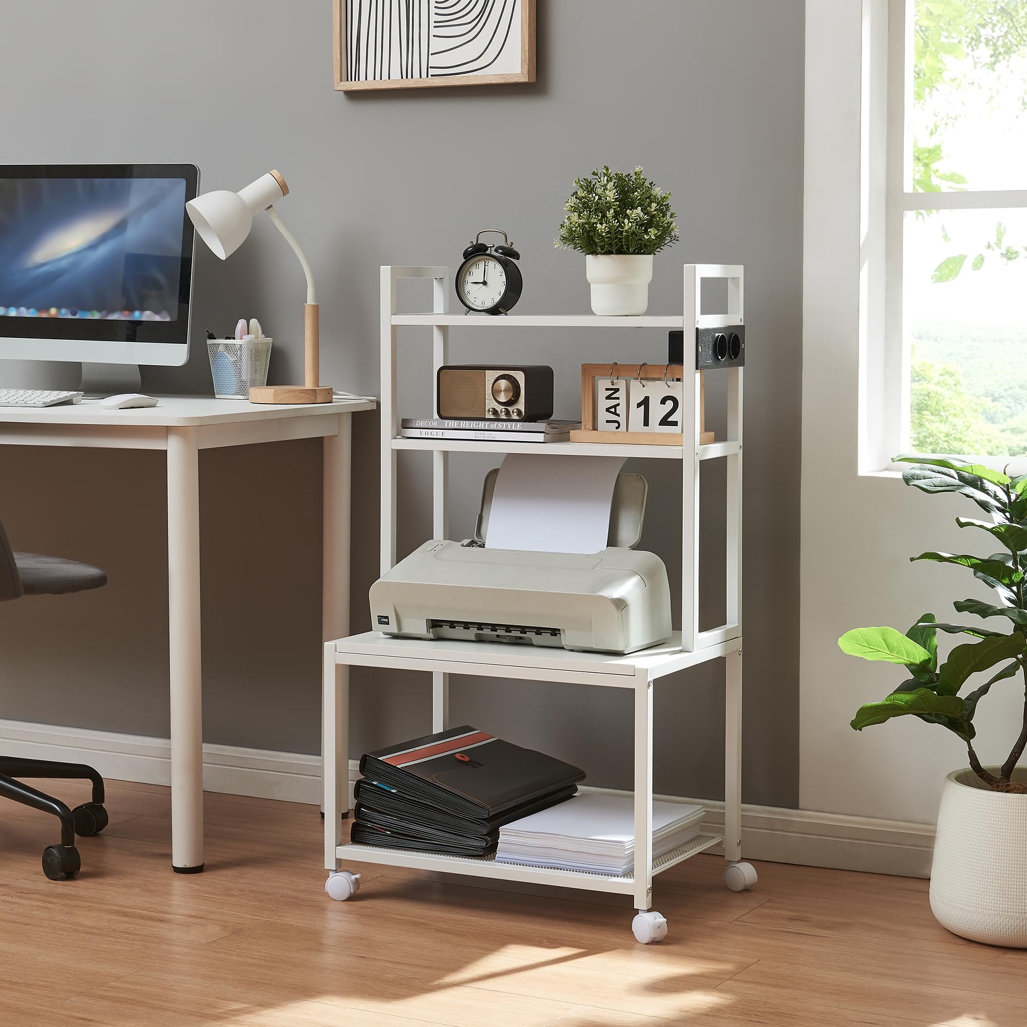 [en.casa] Carrello Porta Stampante per Ufficio Studio a 3 Livelli con 2 Prese di Corrente Scaffale Supporto Laterale con Ruote e Ripiani Griglia 100 x 55 x 38 cm - Bianco