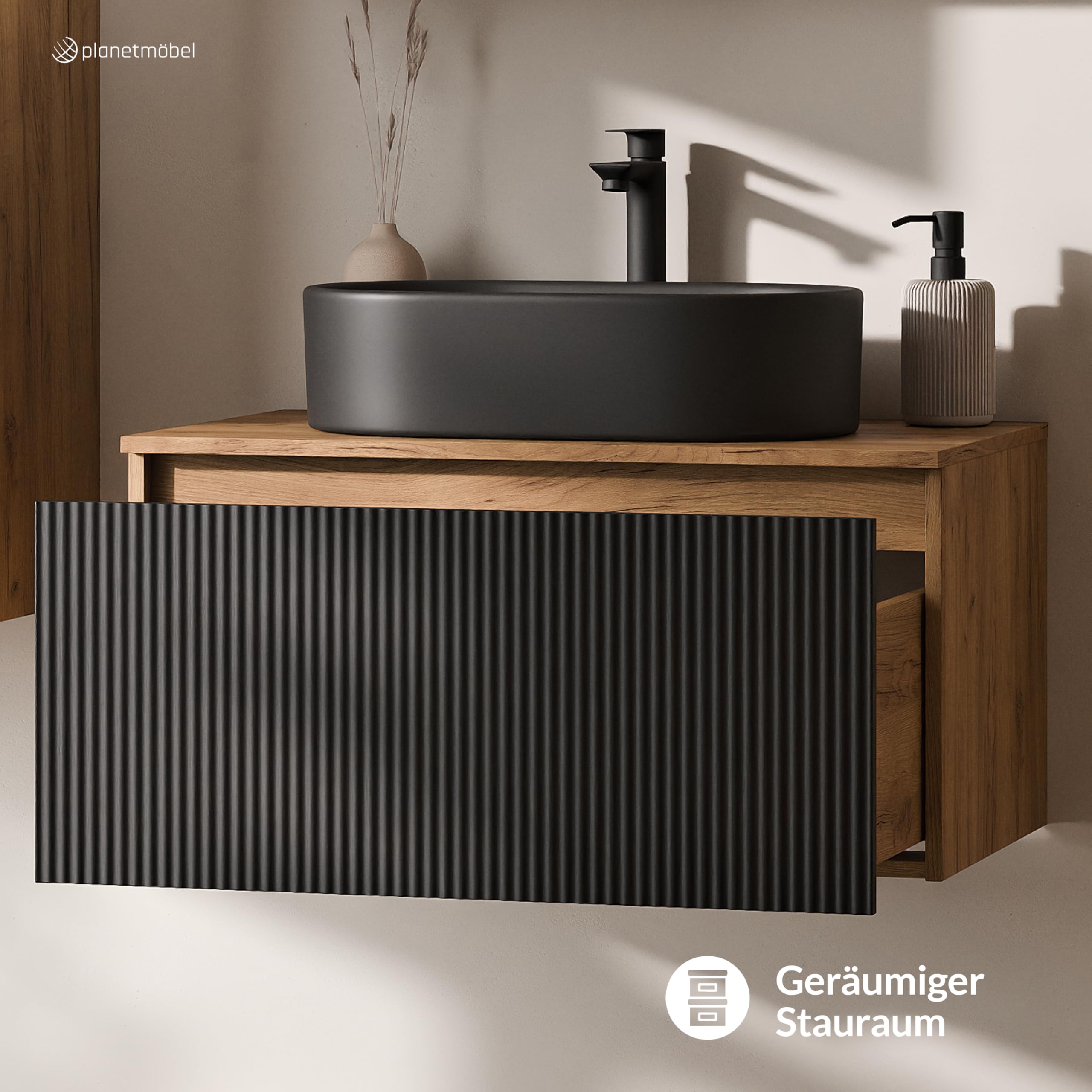 Planetmöbel - Set di mobili da bagno, composto da mobile sottolavabo da 80 cm in oro, rovere nero (a righe), lavandino da 55 cm nero, incluso sifone salvaspazio