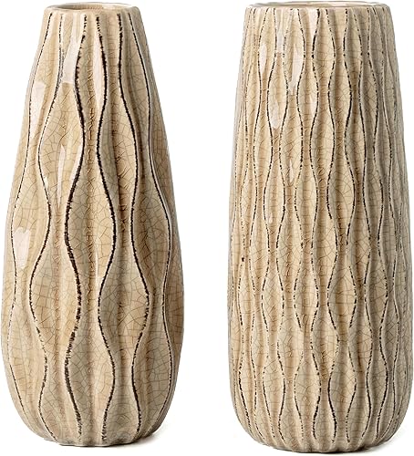 VICTOR & TERESA Jarrón de cerámica para flores, juego de 2 jarrones decorativos rústicos beige para decoración del hogar, modernos jarrones de