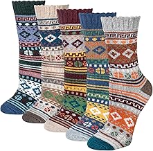 Justay 5 Pairs Merino Wool Socks Womens Thicken Thermal Knitting Crew Ladies Sock for Hiking Backpacking Climbing Winter（green, pink, red） (Red/brown/green/blue/dark blue)