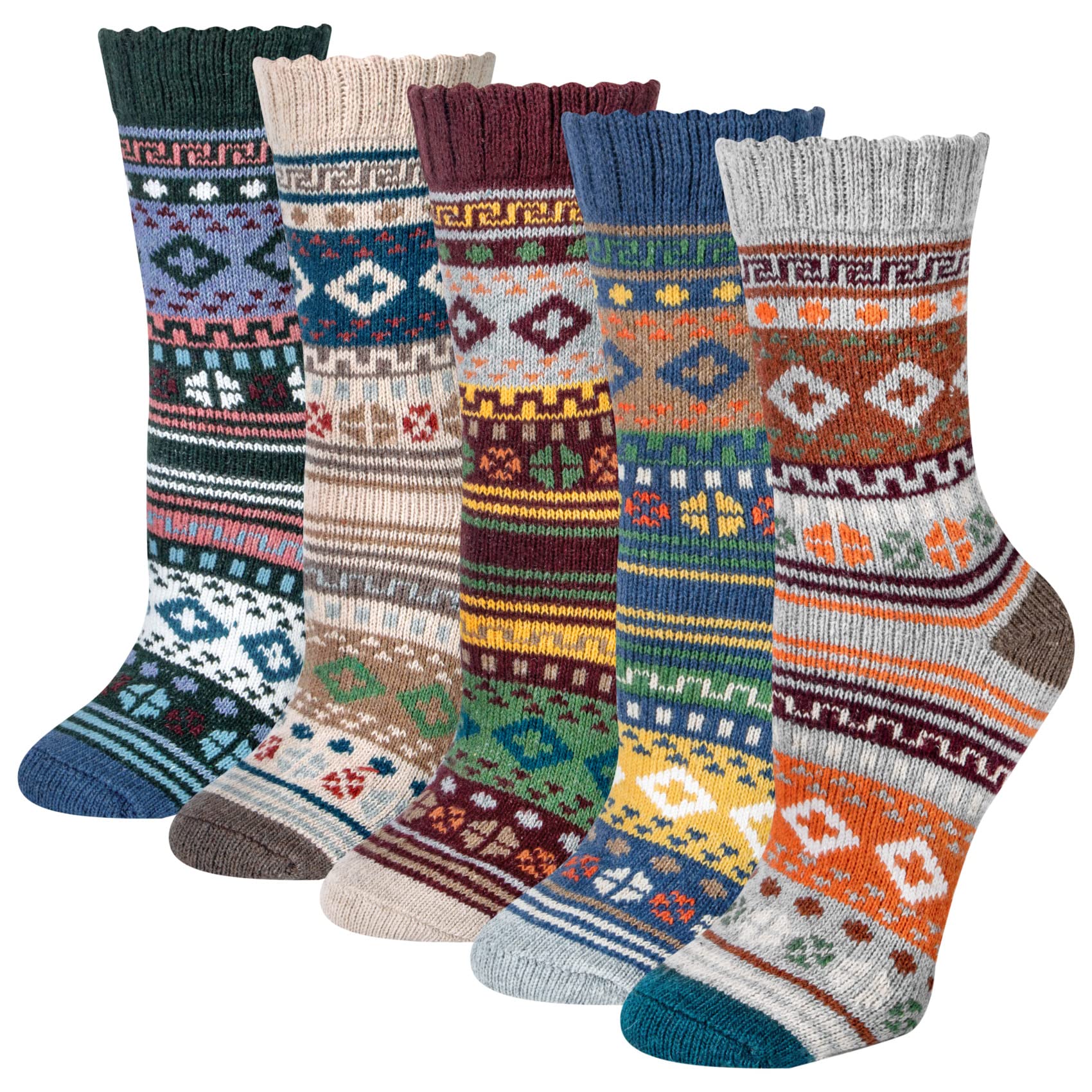 5 Pairs Merino Wool Socks Womens Thicken Thermal Knitting Crew Ladies Sock for Hiking Backpacking Climbing Winter（green, pink, red） (Red/brown/green/blue/dark blue)