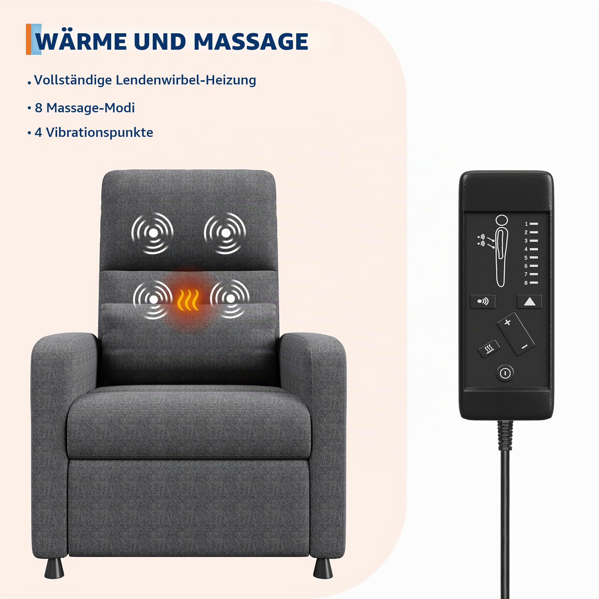 Garvee Elektrisch Verstellbarer Fernsehsessel, Relaxsessel mit Massagefunktion, Wärme, Verstellbarer Fußstütze und Einzelsofa, geeignet für Wohnzimmer, Schlafzimmer oder Büro