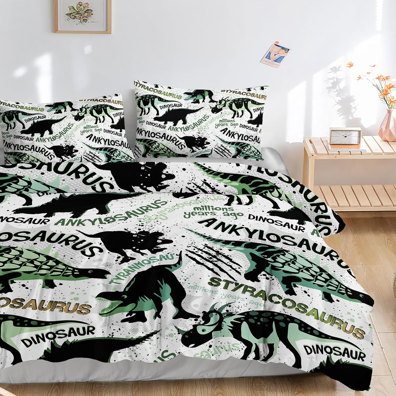 AILONEN Kids Cartoon Dinosaur Bedding Sets,Dinosaur Sketch Duvet Cover Set for Boys Girls Queen Size,Super Soft Microfiber Comforter Cover All Season Use,3-Piece,1 Quilt Cover + 2 Pillowcase