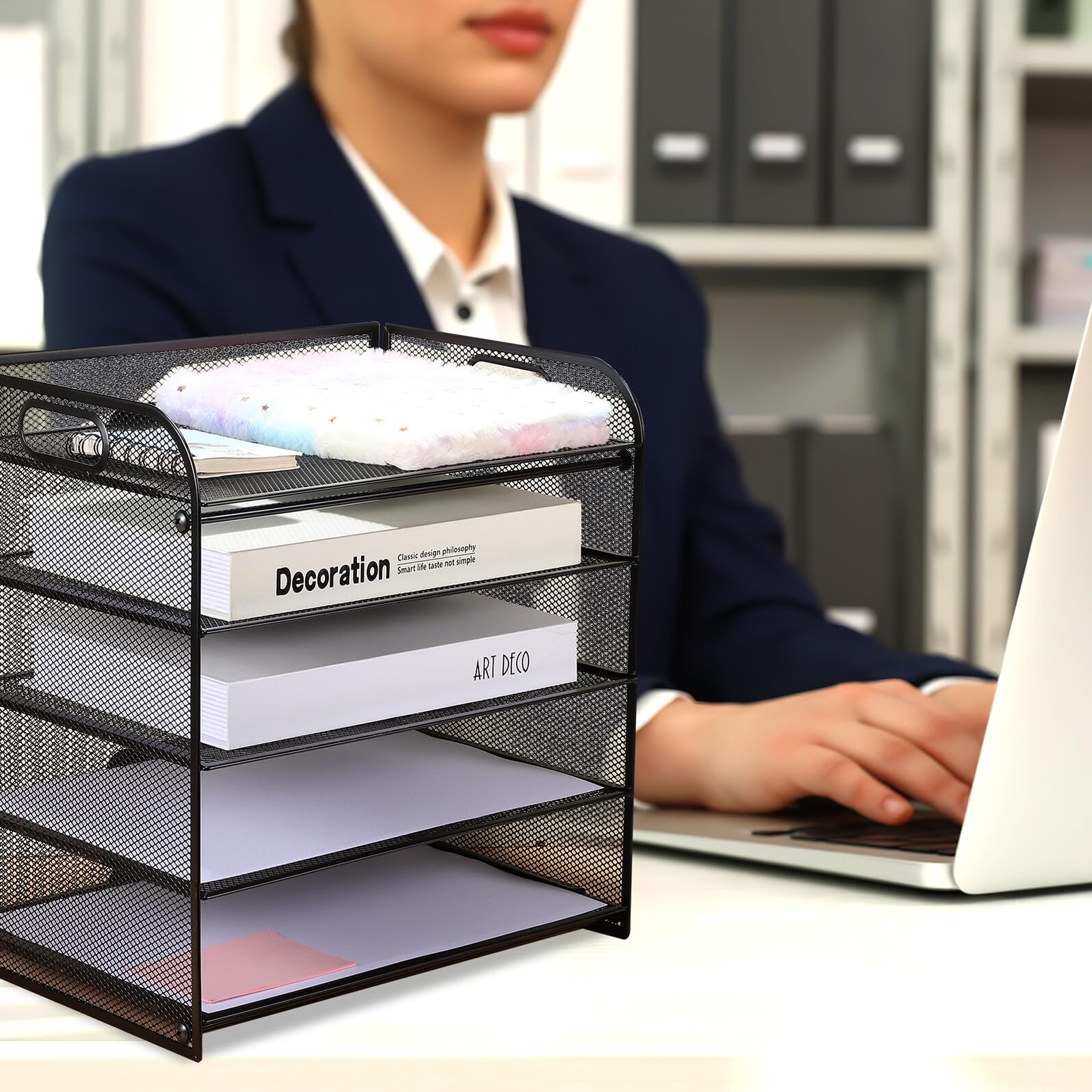Portarotolo da scrivania a 5 livelli in rete e raccoglitore per lettere per ufficio e casa, spazio di lavoro multi-strato, archiviazione di file desktop efficiente per documenti e cancelleria