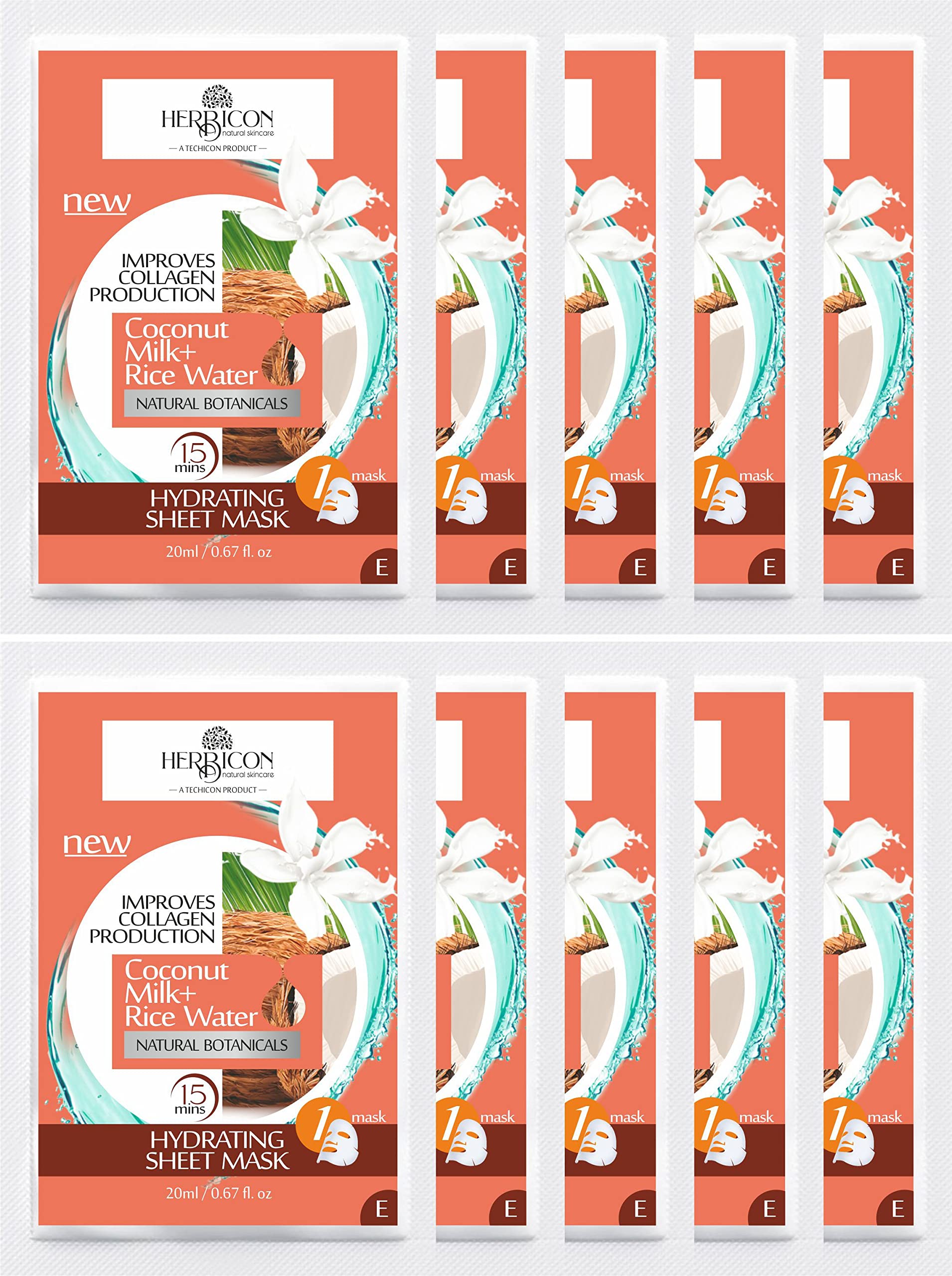 Herbicon Face Sheet Mask with Rice Water and Coconut Milk for Deep Hydration - 20 g (Pack of 10)