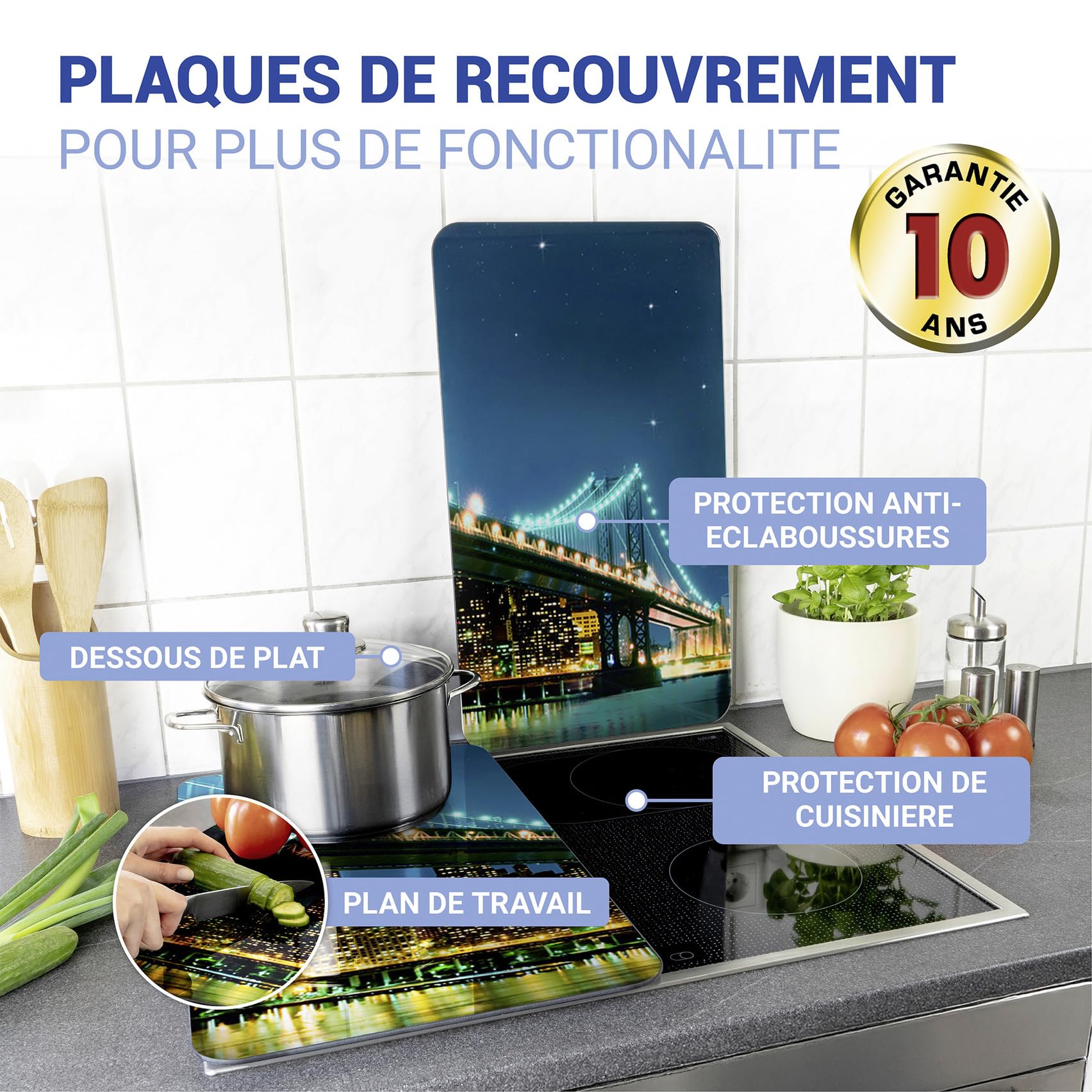 WENKO Protection plaque de cuisson, «Brooklyn», plaque de protection induction, gazinière, vitrocéramique, verre trempé, Lot de 2, 30x52 cm