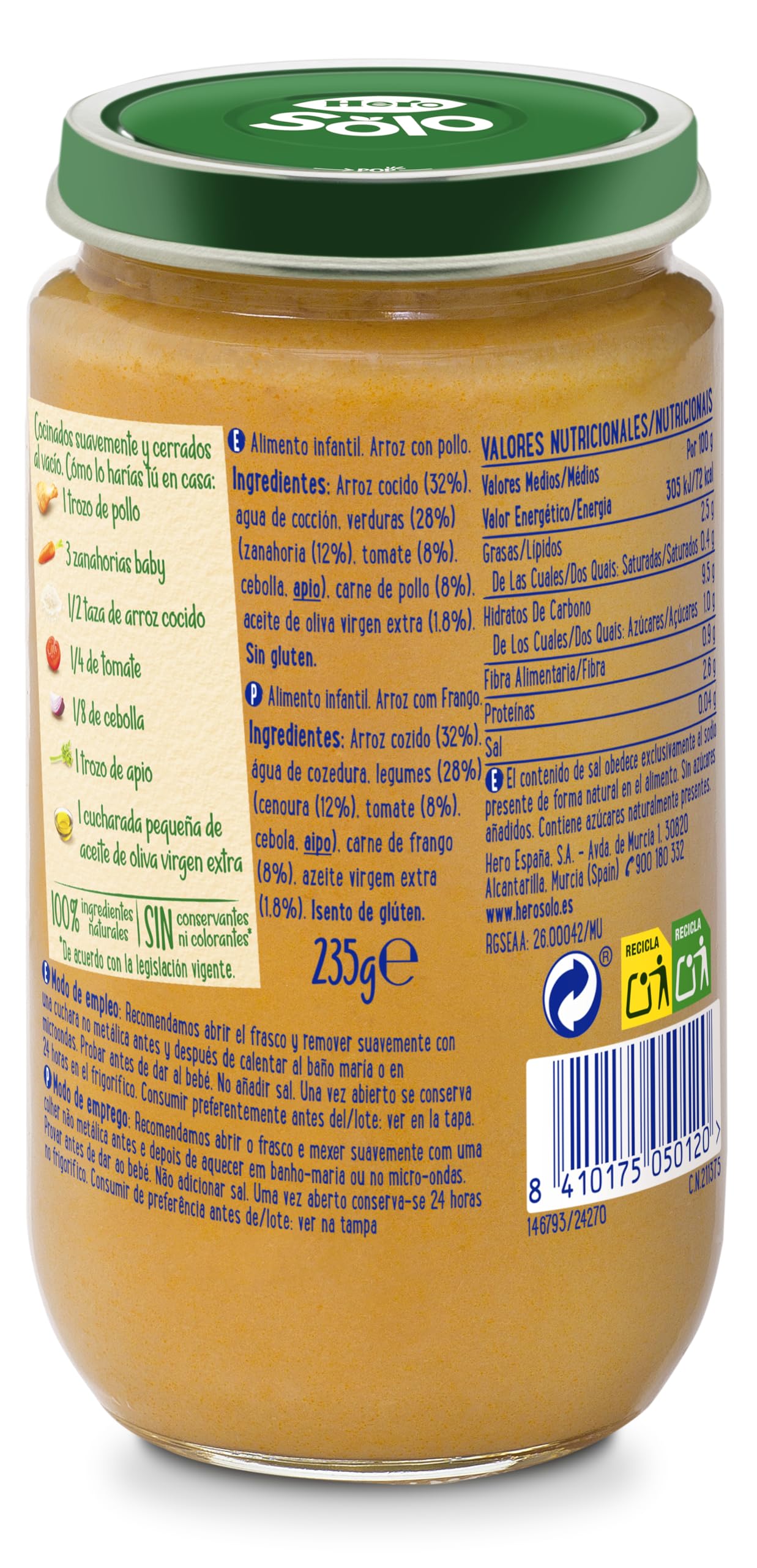 Hero Baby Tarrito Infantil Arroz y Pollo 235g 12 Pack Sin Aceite de Palma Sin Sal Añadida para Bebés desde 6 meses