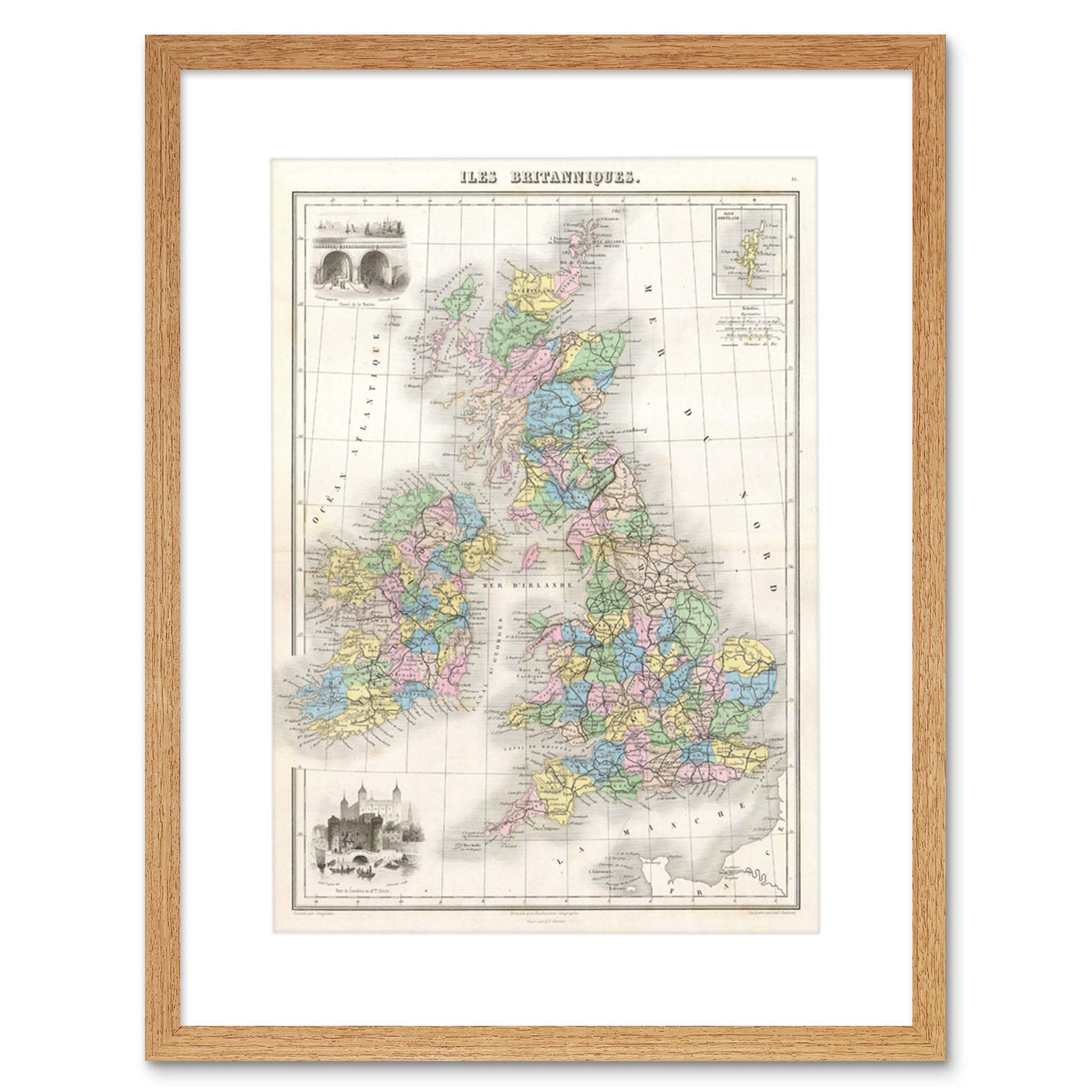 Wee Blue Coo Map 1878 Migeon British Isles England Ireland Scotland Framed Wall Art Print