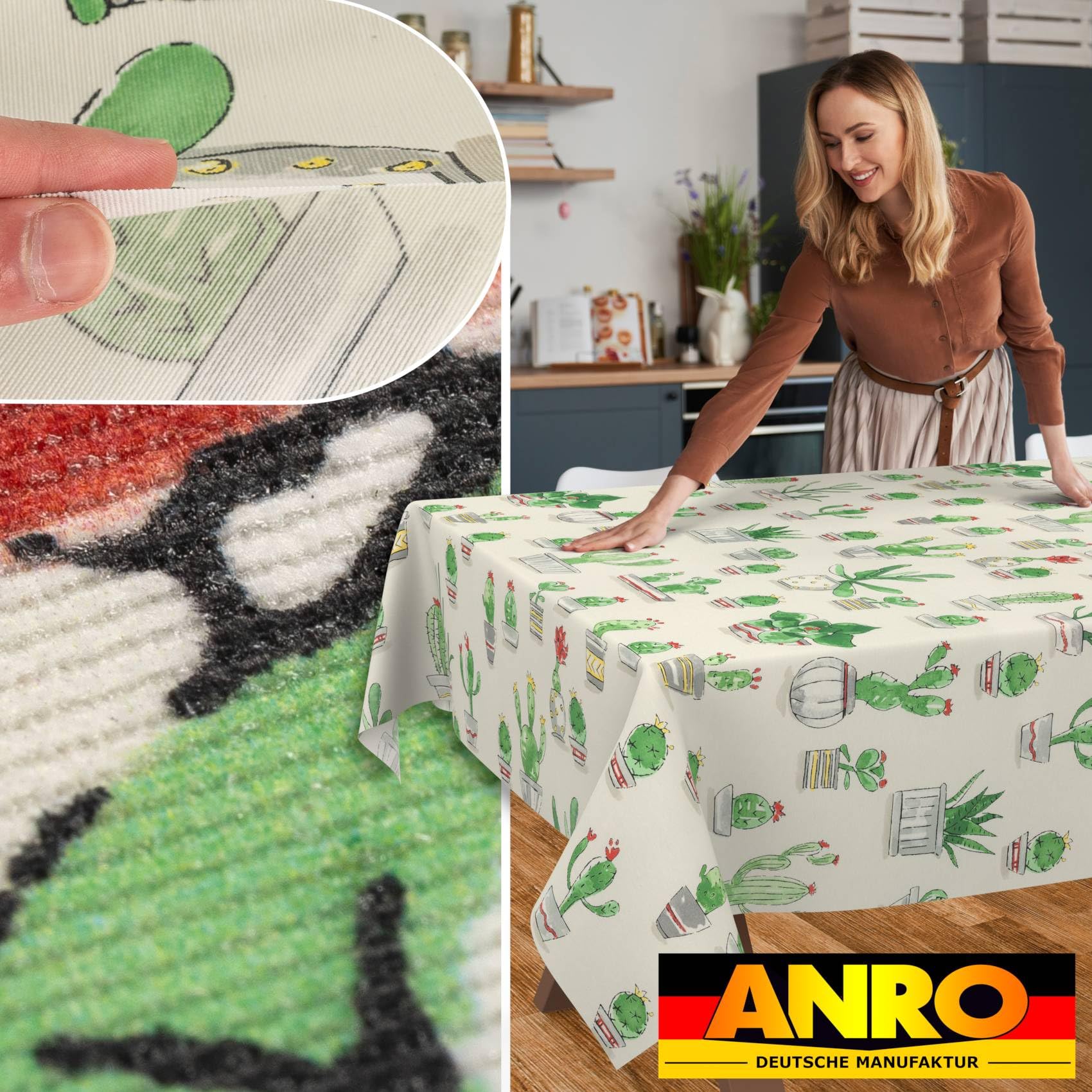 Tablecloth Fabric Washable Tablecloth Table Cloth Easy Care Lotus Effect Dirt and Water-Repellent for Indoor Outdoor Table Cloth 200 x 140 cm Cut Edge Cactus - Image 2