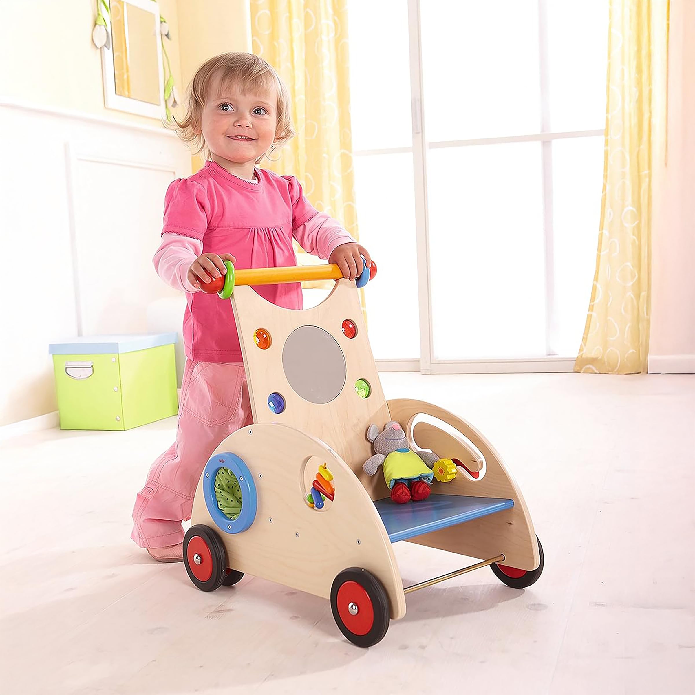 HABA Entdeckerwagen – Stabiler Lauflernwagen für Kinder ab 10 Monaten – Mit Stoffmaus, Spielmöglichkeiten & Sitzfläche – 1000902001