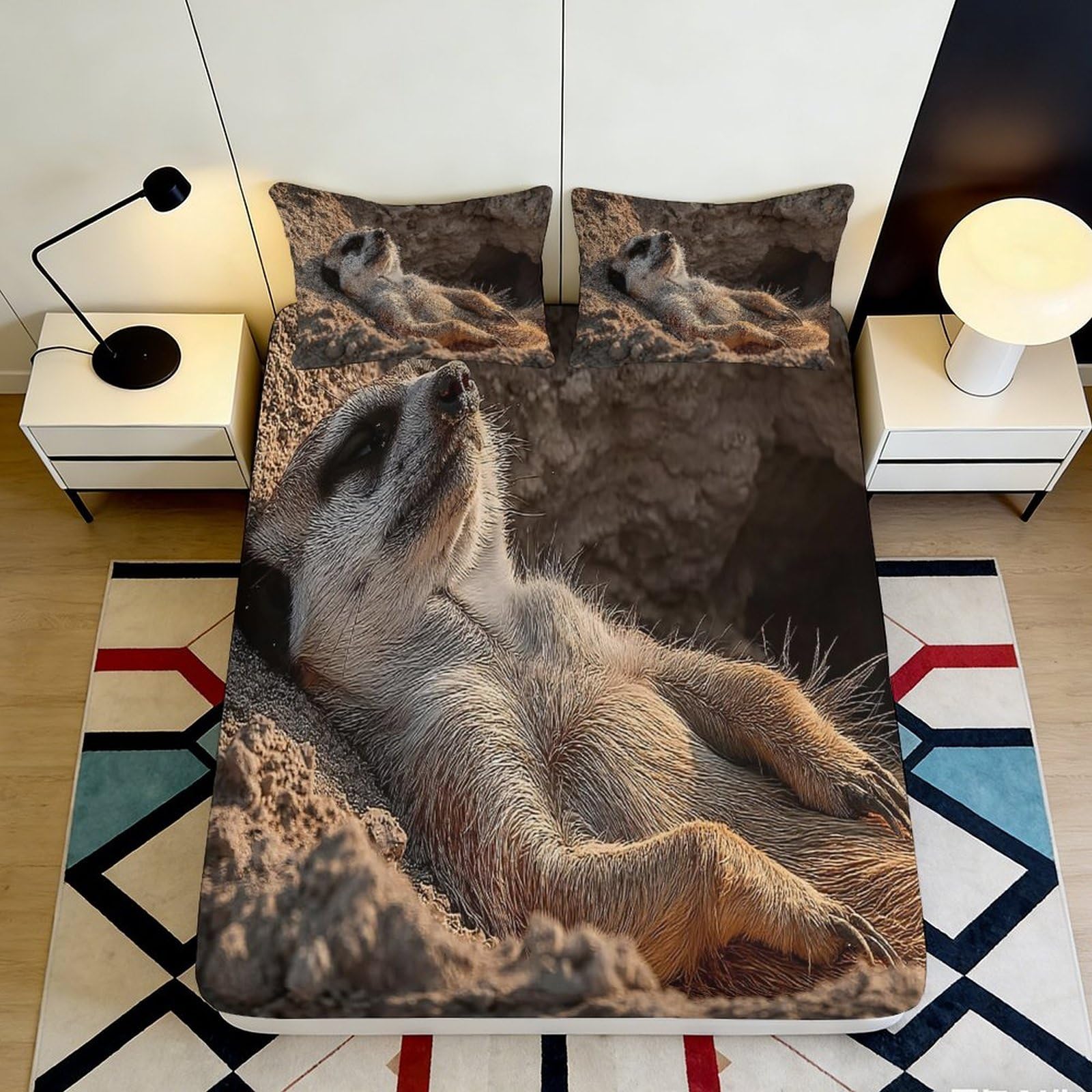 3D Printed Meerkat Wildlife Fitted Sheet Microfiber Soft Brown Animal Bed Cover for Bedroom Dorm Mattress Protection Decor 90x200x25cm