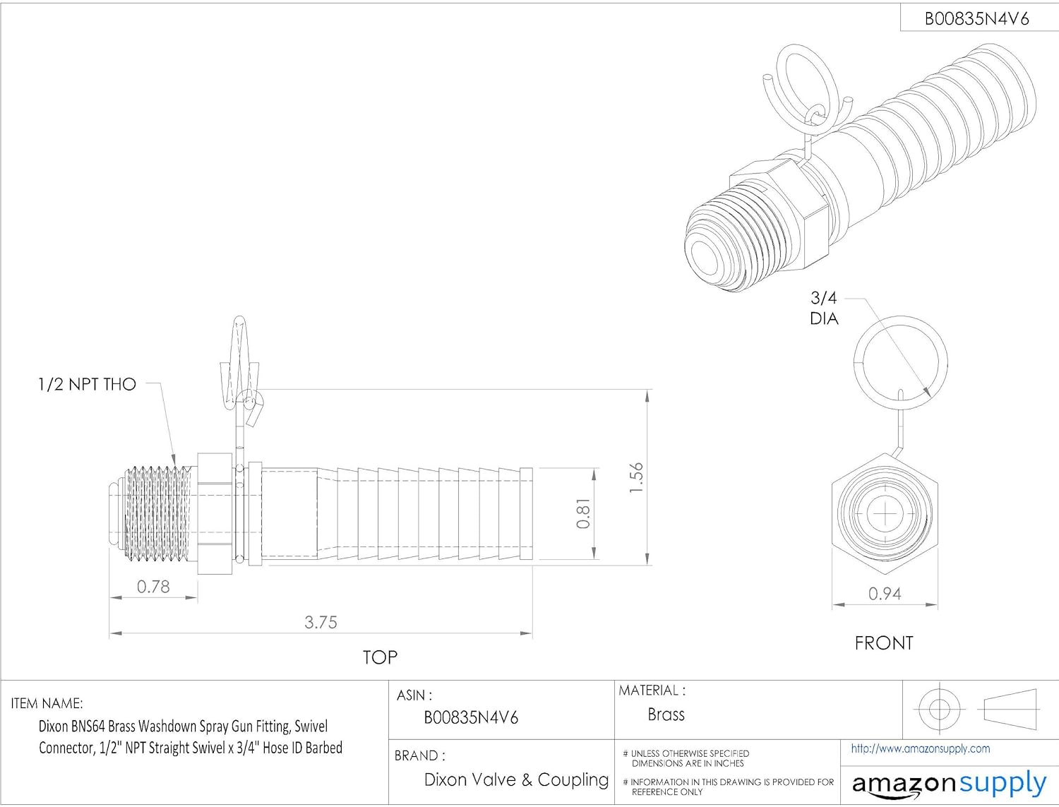 Dixon BNS64 Brass Washdown Spray Gun Fitting, Swivel Connector, 1/2" NPT Straight Swivel x 3/4" Hose ID Barbed