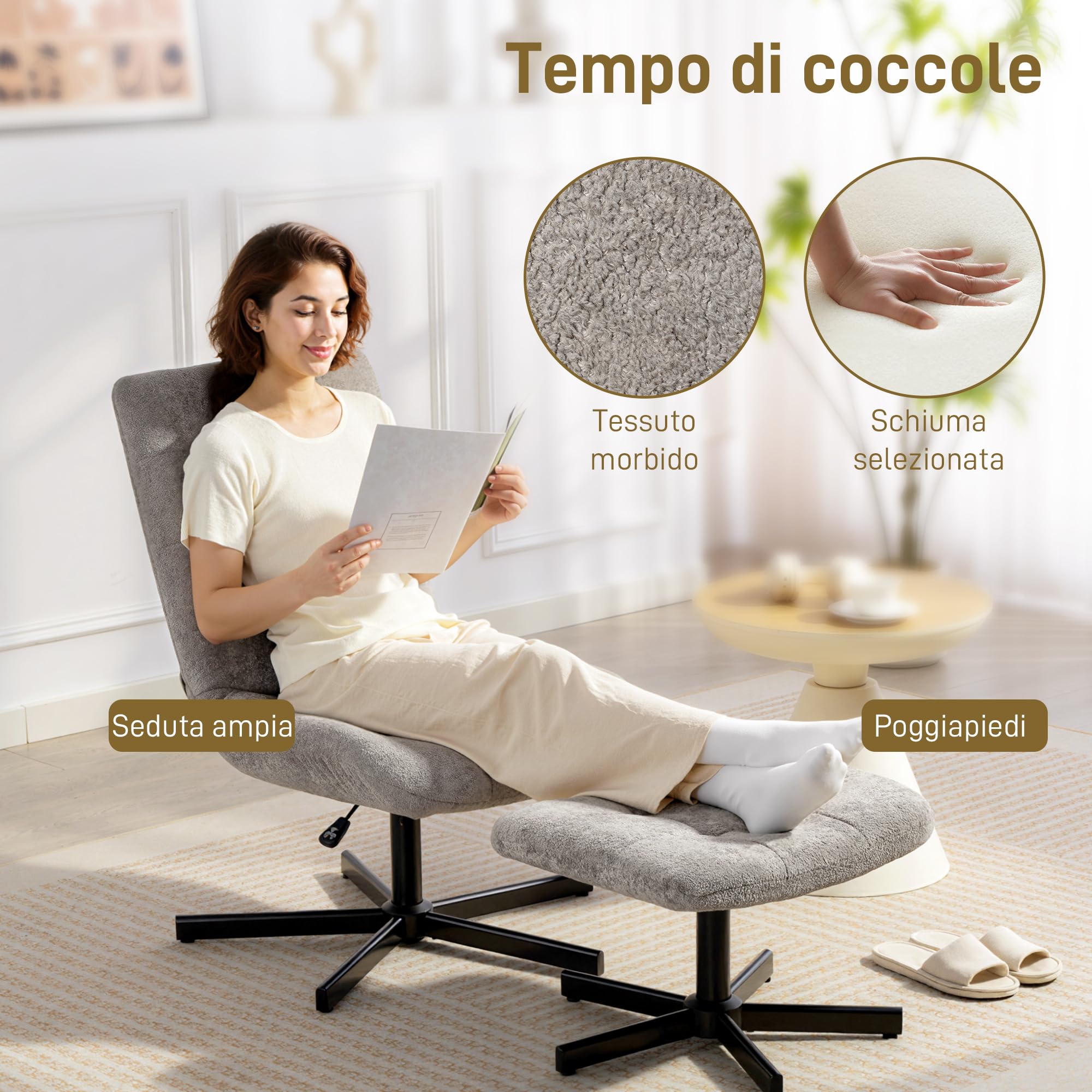 HOMCOM Poltrona Reclinabile su 4 Livelli Girevole 66x80x93-104 cm Grigio | Poggiapiedi Indipendente, Poltrona d'Arredo, Tessuto Effetto Velluto, per Soggiorno Camera da Letto Salotto