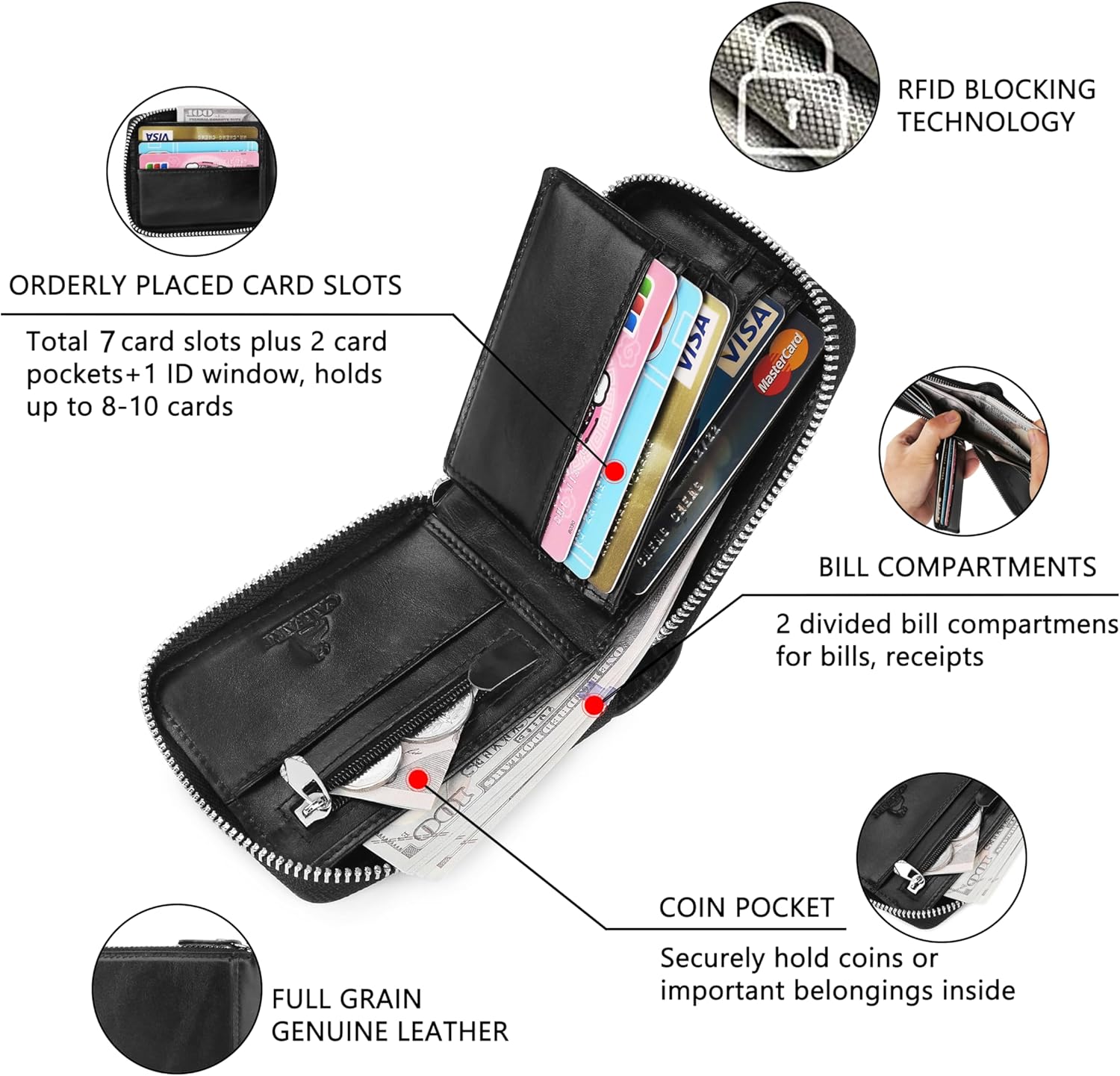 Slim Zipper Wallets For Men RFID Leather Mens Bifold Creidt Card Holder Zip Around Wallet With Coin Pocket - Image 3